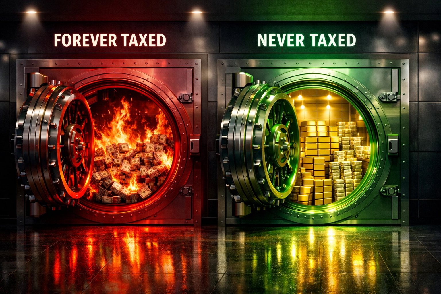 Traditional 401k forever taxed versus Roth IRA never taxed retirement comparison