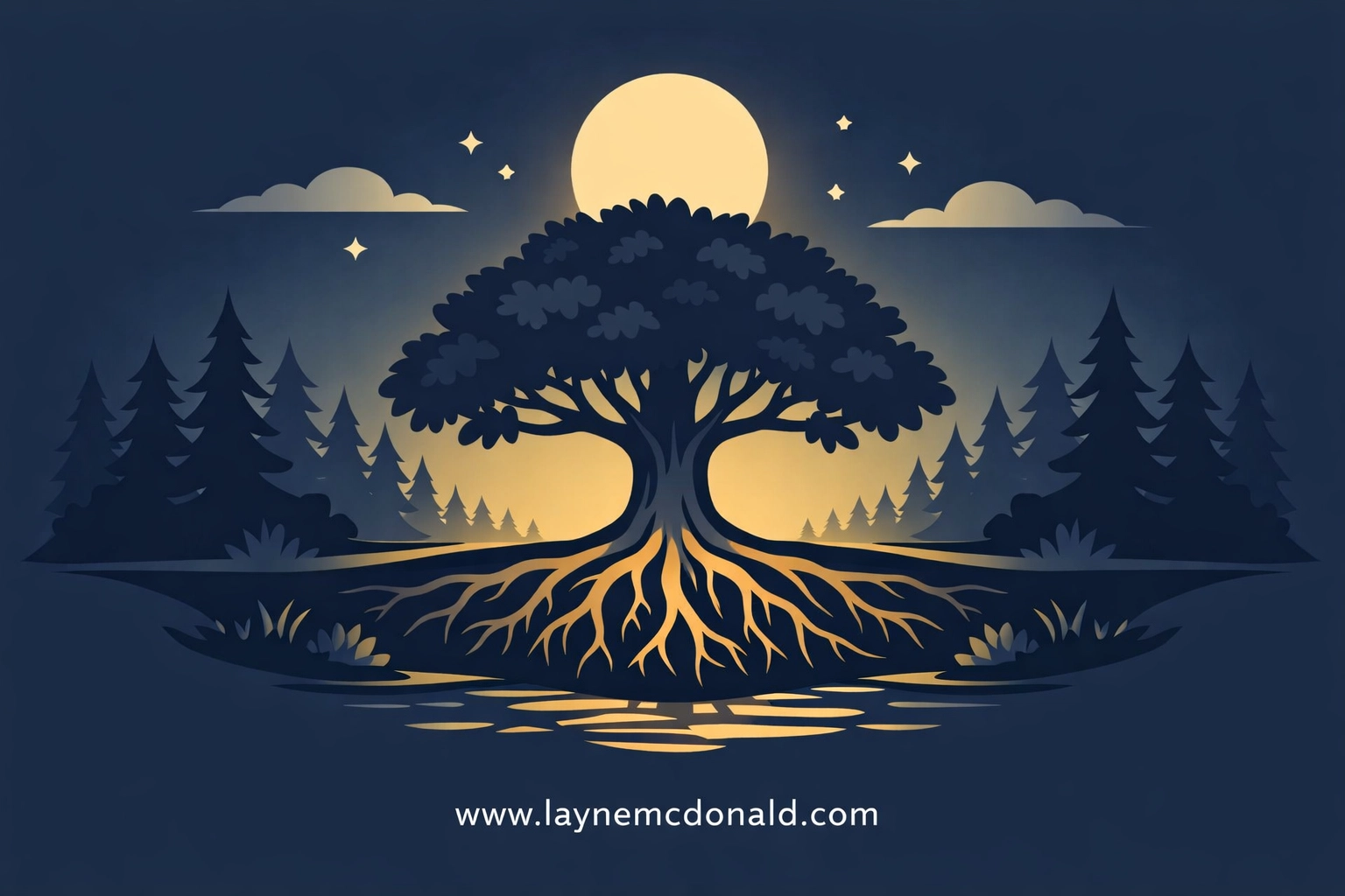 A peaceful forest sanctuary under a glowing moon, symbolizing family safety and rooted faith in media choices.