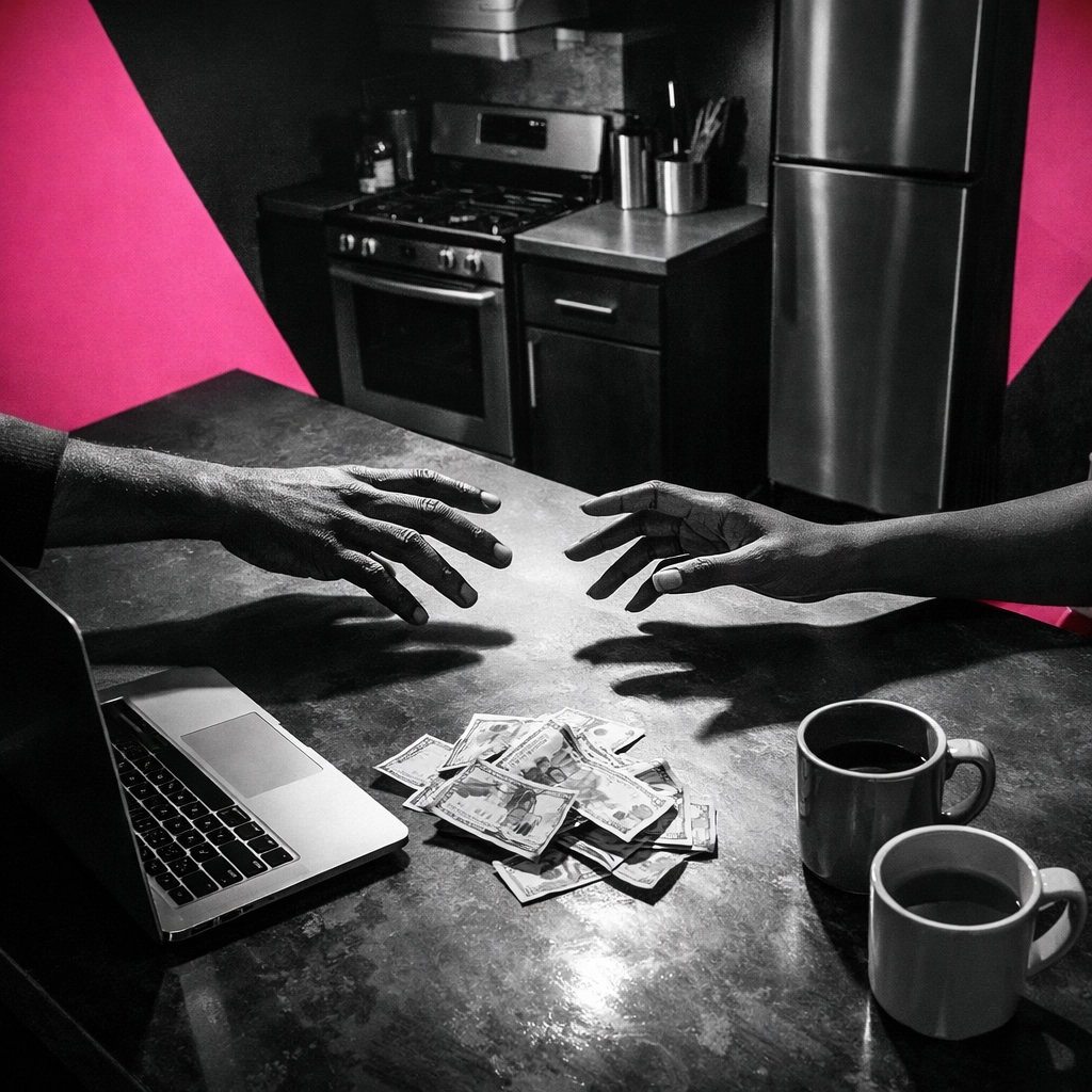 Couple's hands reaching across kitchen counter with bills showing emotional distance in marriage