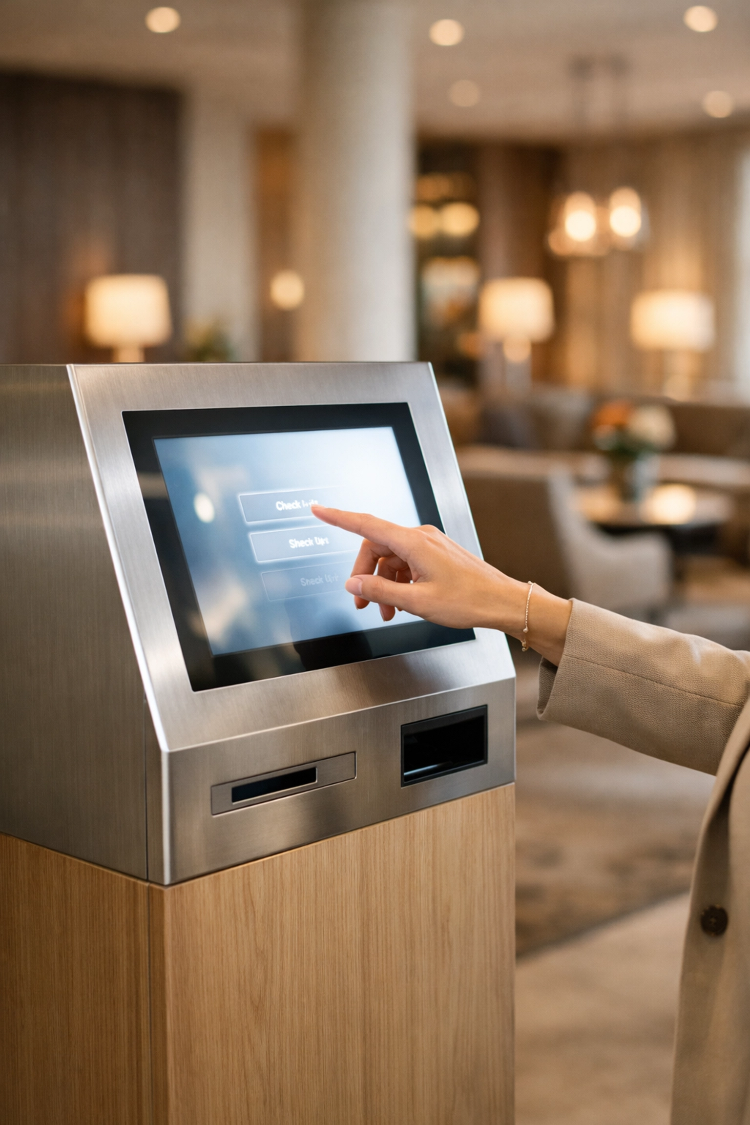 A guest using a sleek self-check-in kiosk in a modern hotel lobby to skip the front desk queue.