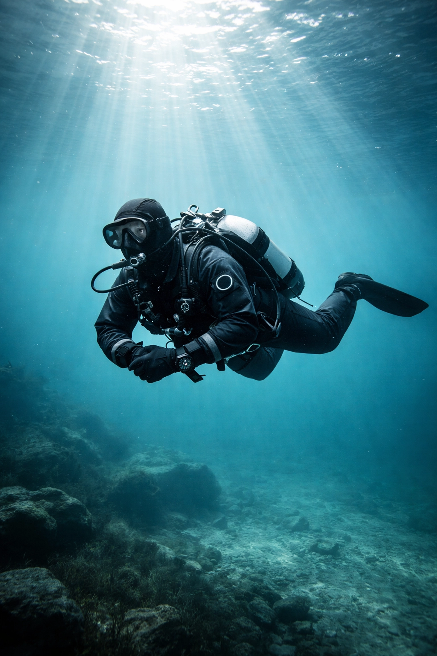 Taucher im schwarzen Scubaforce Trockentauchanzug schwebt in klarem, kaltem See mit perfekter Tarierung