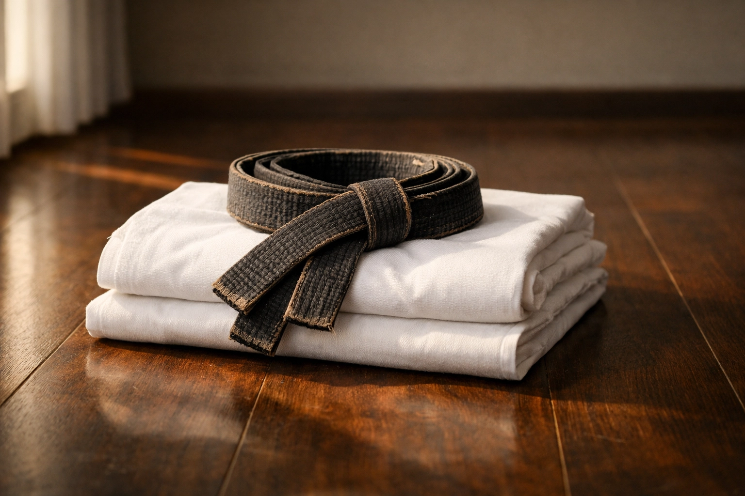 A weathered martial arts black belt on a white uniform, honoring the martial arts legacy of Chuck Norris.