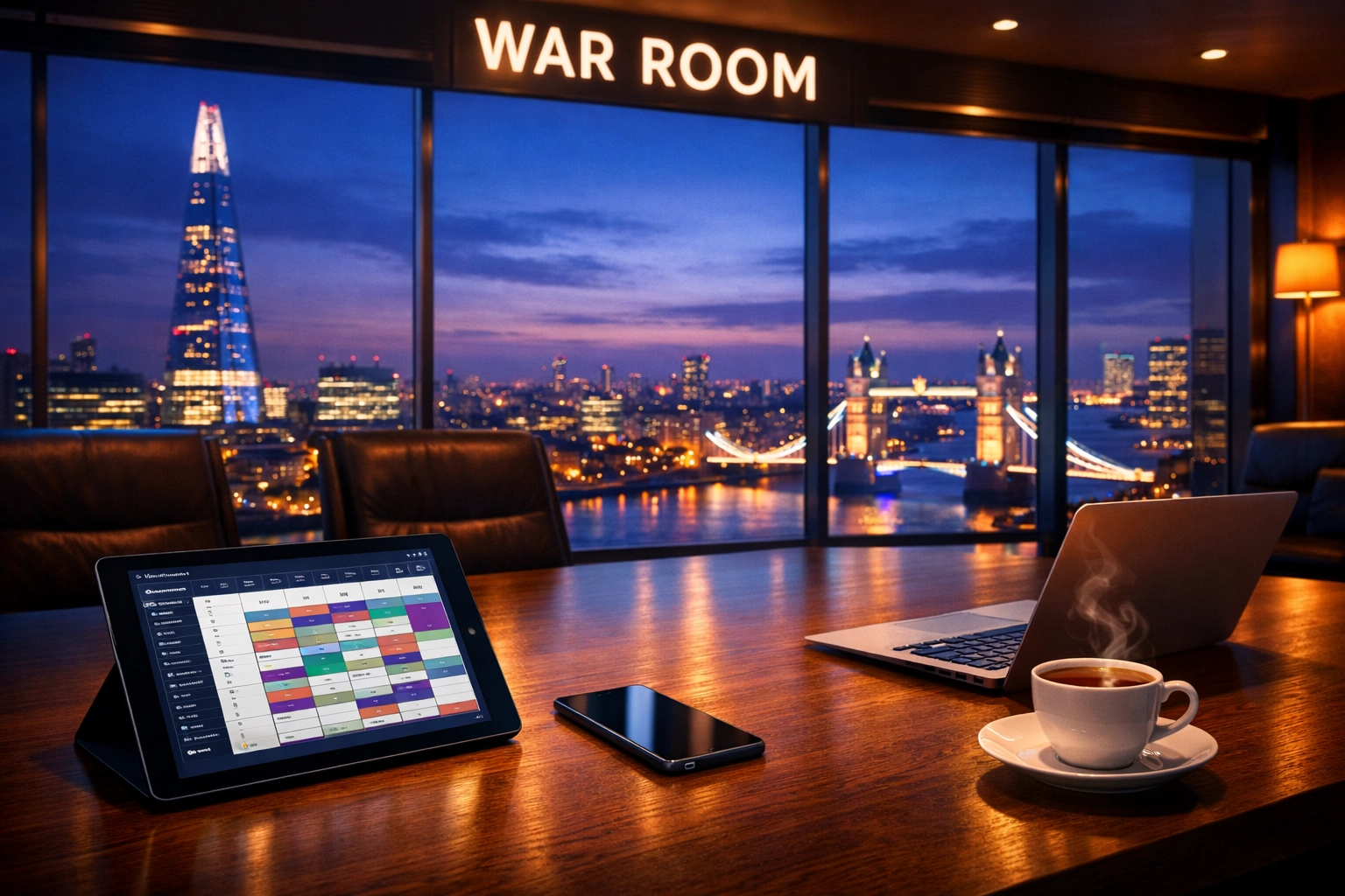 Modern London office with a global meeting scheduler on a tablet overlooking the city skyline at dusk.