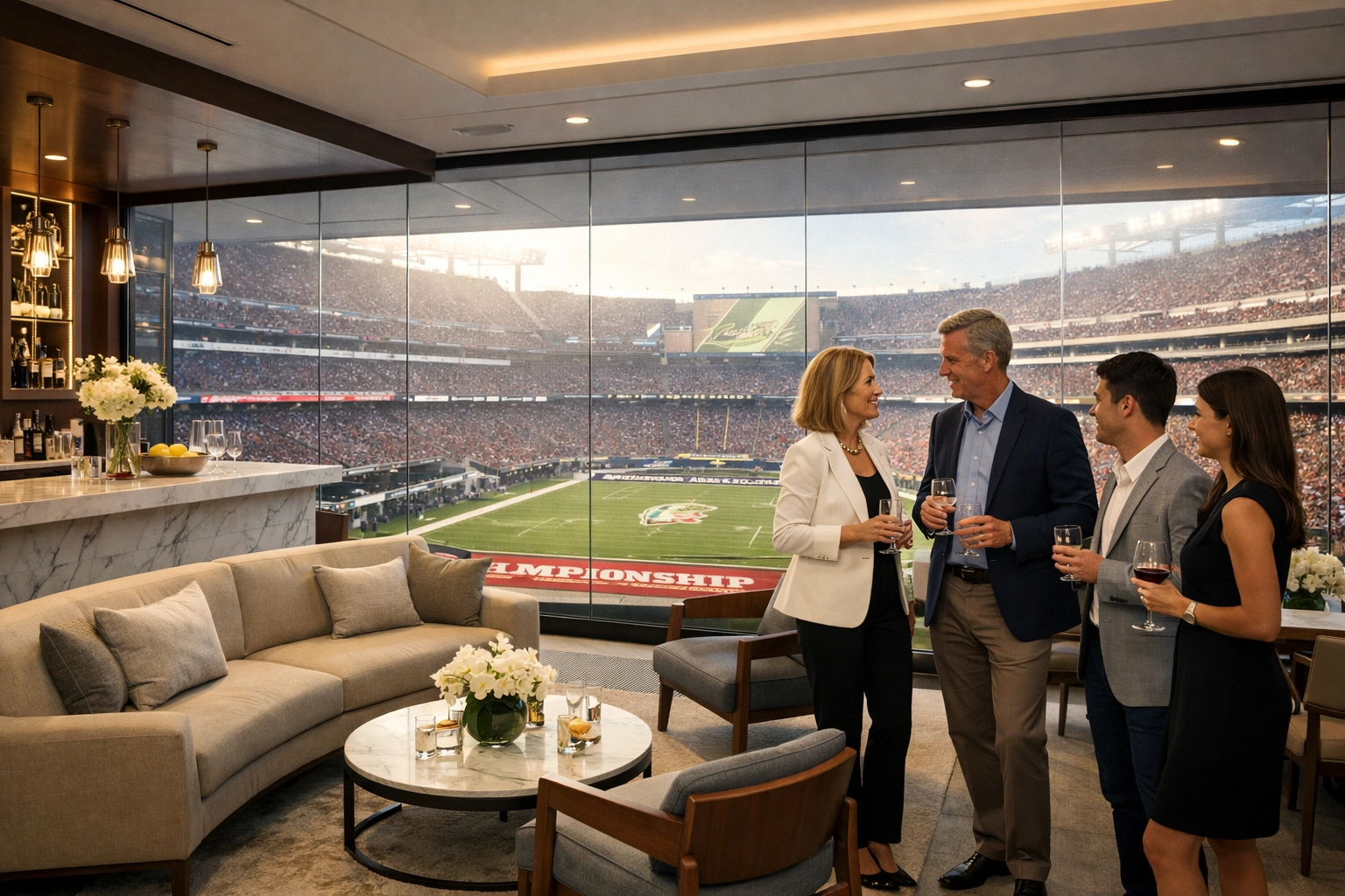 Luxury Super Bowl hospitality suite with executives networking overlooking the football stadium.