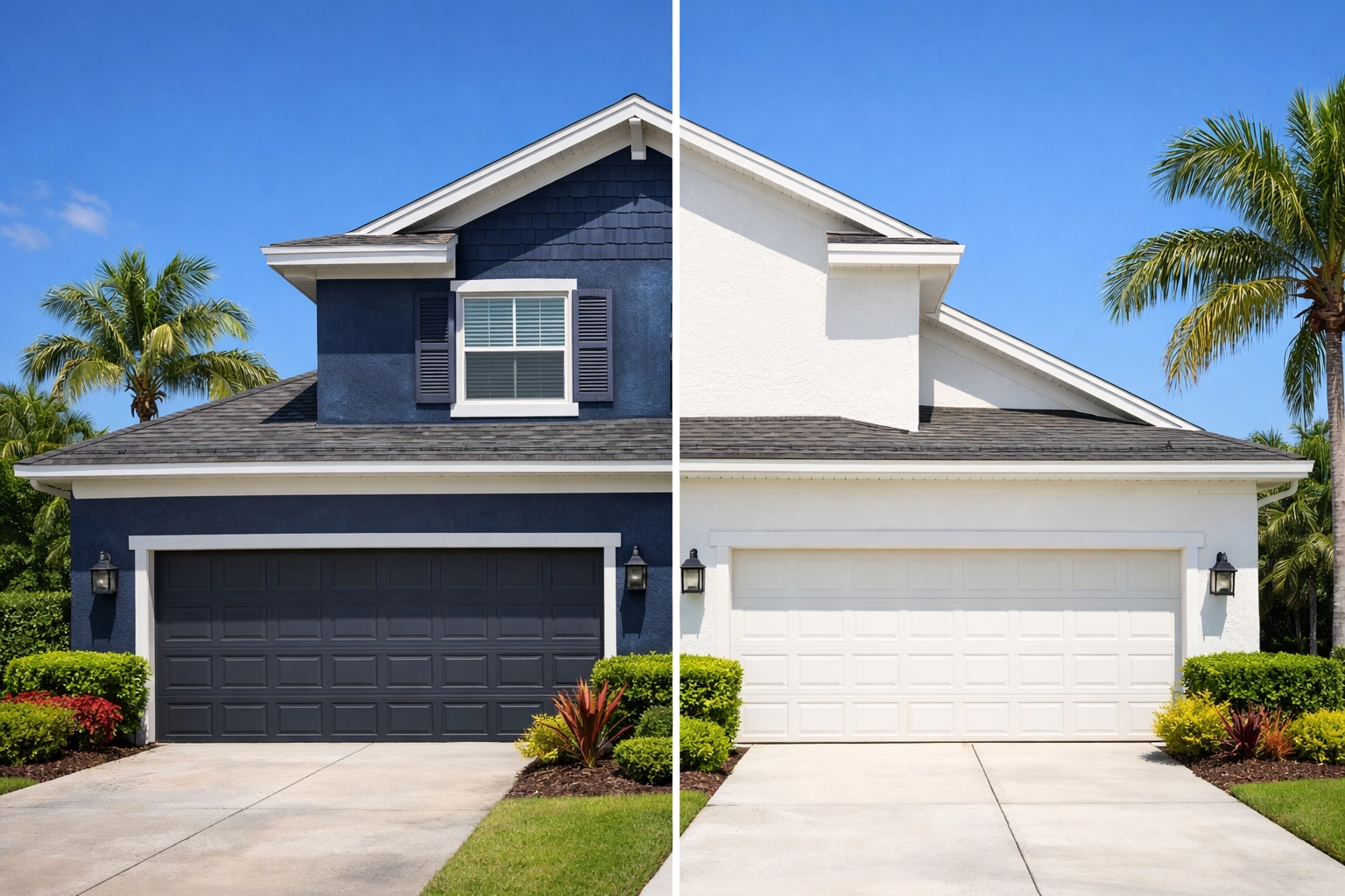 Florida home exterior comparison showing dark blue paint fading vs white paint staying fresh