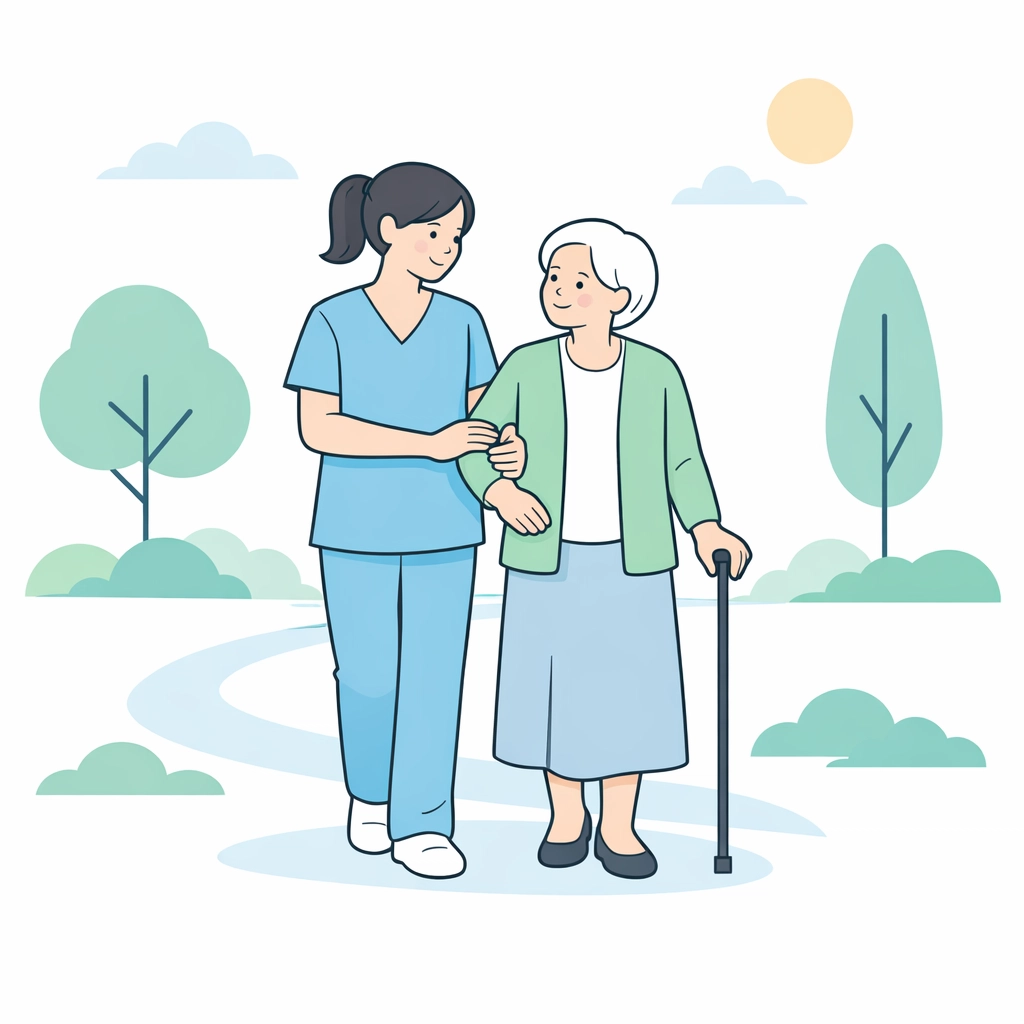 Caregiver supporting an elderly woman during a walk in Austin, representing compassionate personal care services.