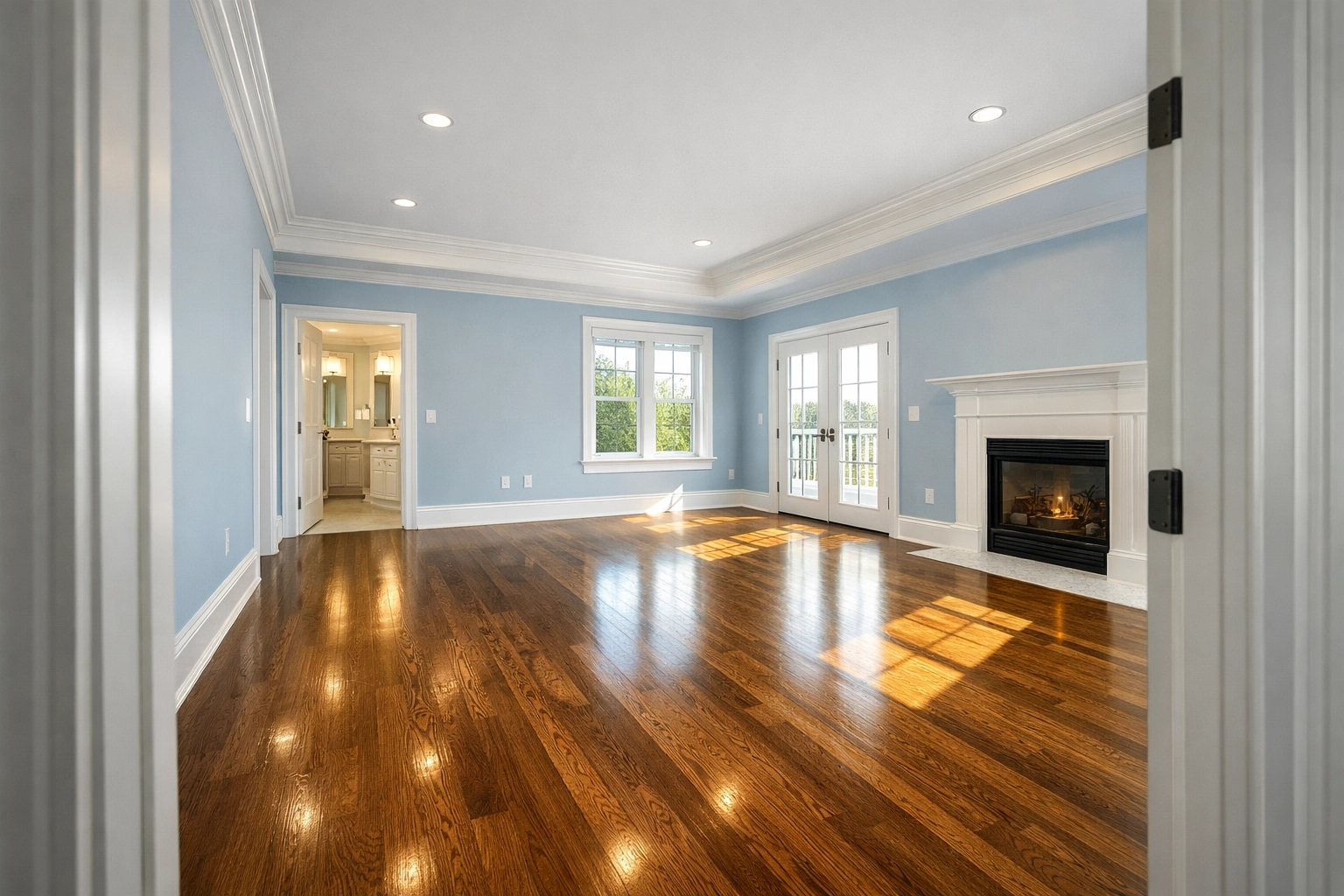 Bright, empty master bedroom in an Acton residence with pristine, polished hardwood floors.
