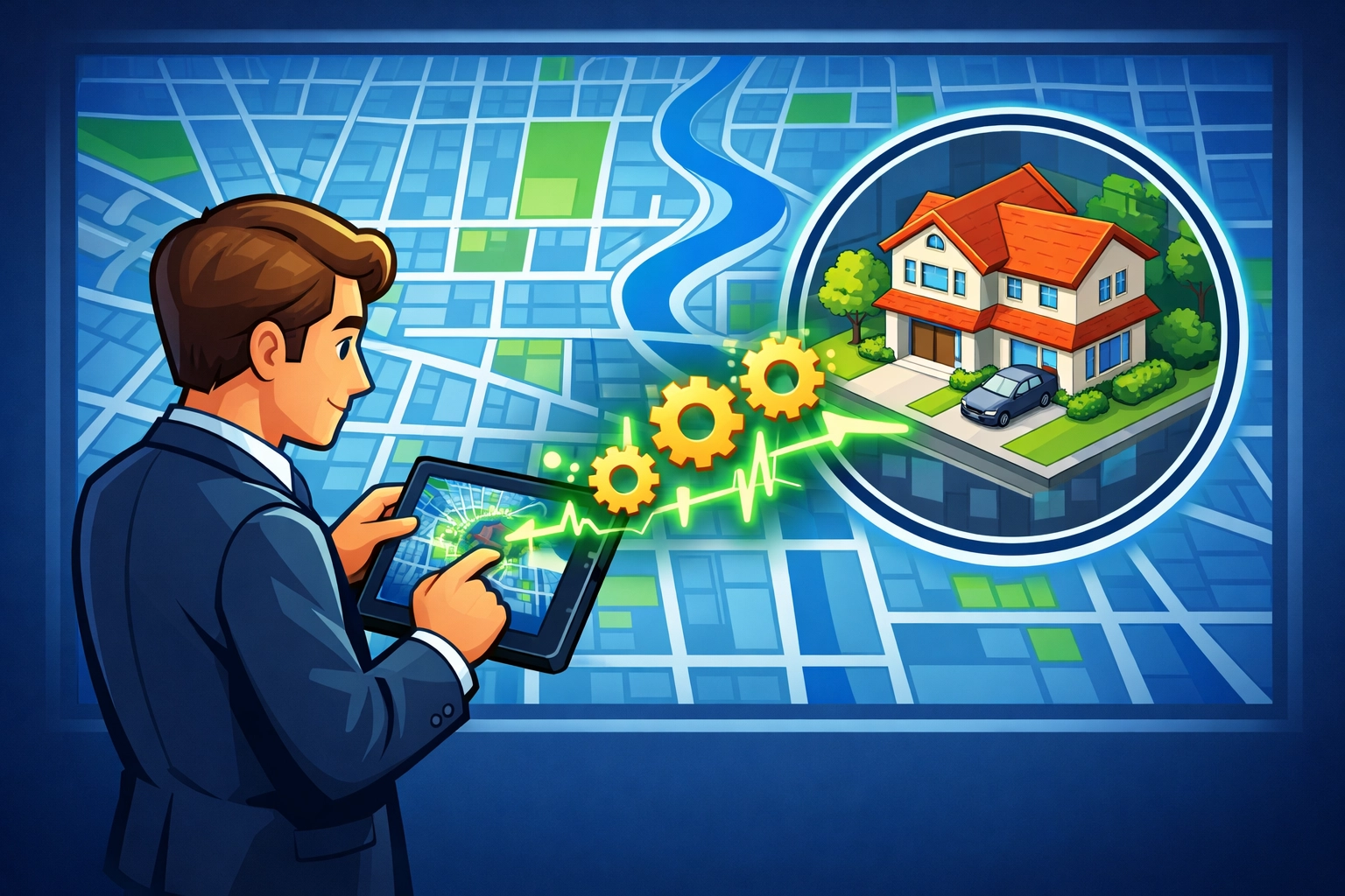 Professional analyzing specific property hazard scores on a digital map for strategic coverage guidance.