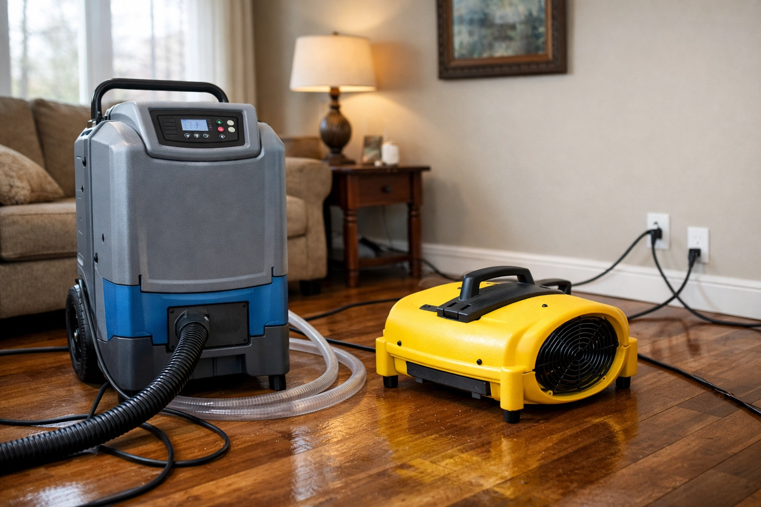 Professional dehumidifier and air mover drying water damage in Louisiana living room