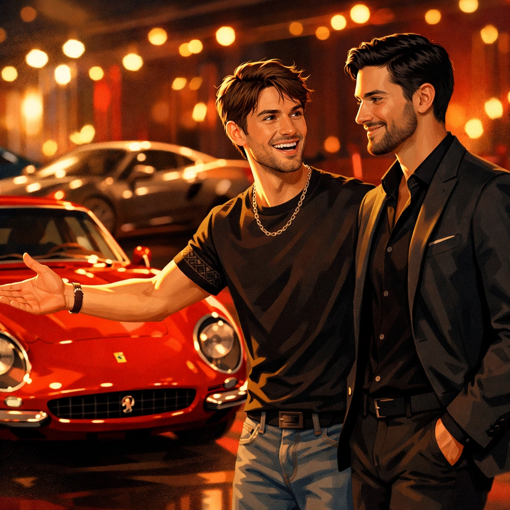 Gay couple bonding over vintage Ferrari at exclusive supercar event illustrating luxury MM romance