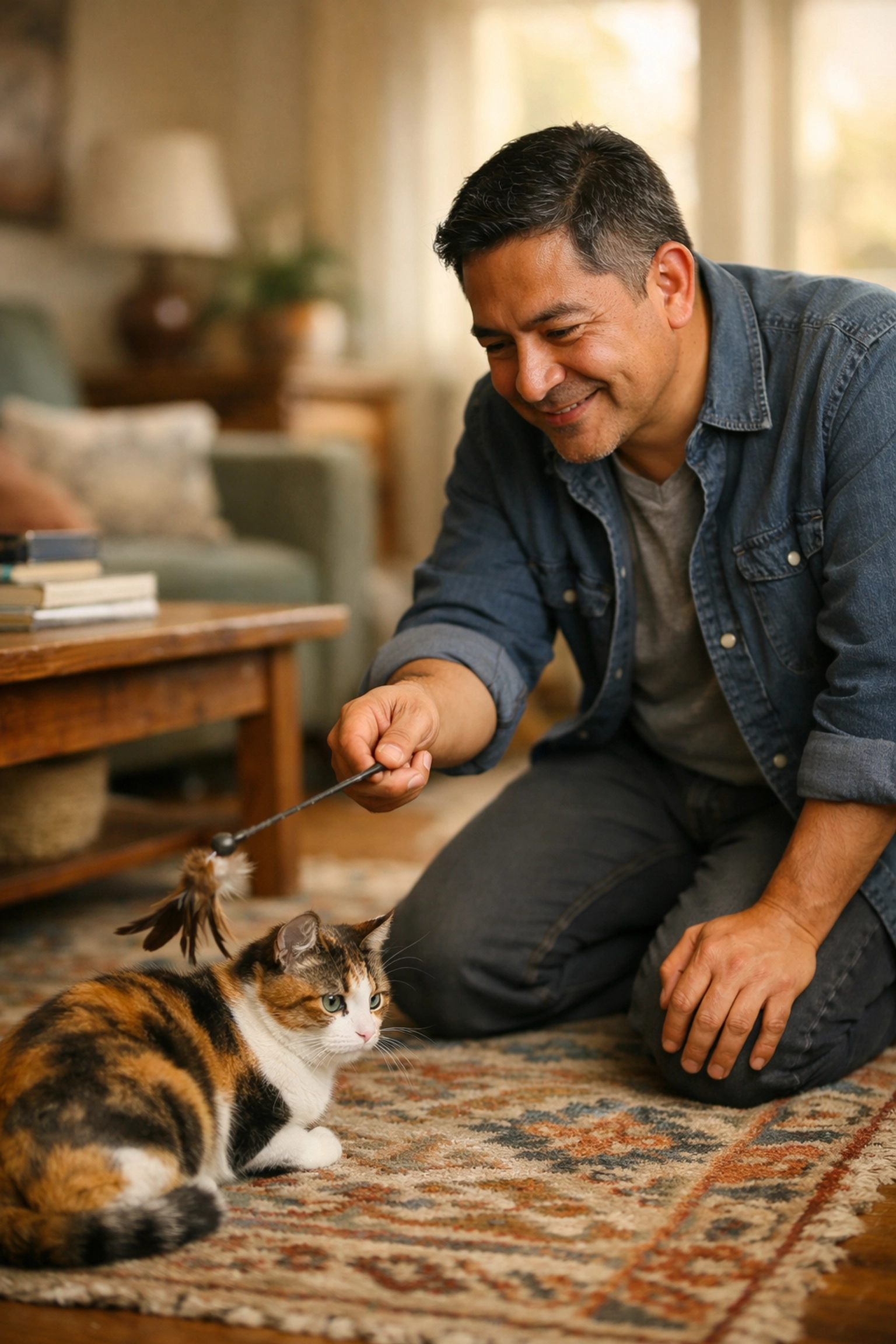 Professional cat sitter in Oakland using a feather toy to build trust with a shy calico cat during a visit.