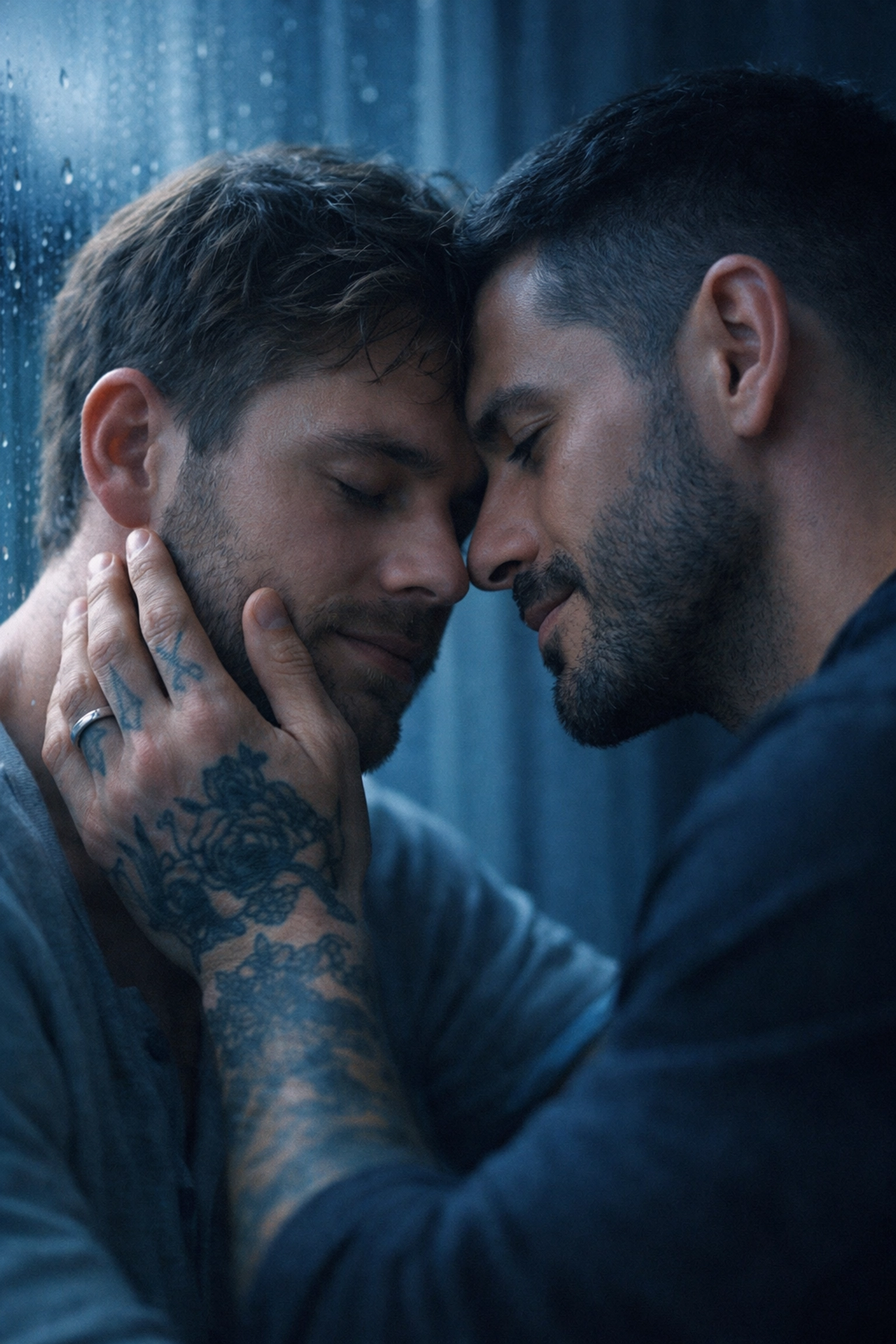 Two men sharing a tender moment of emotional connection and vulnerability in an intimate gay romance scene.