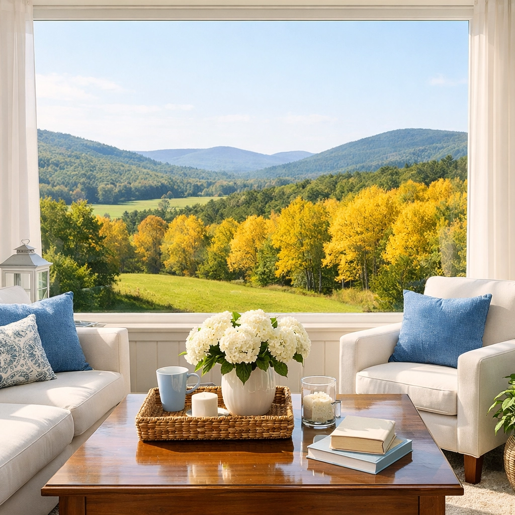 Sunroom with a scenic view following a reliable house cleaning Ashburnham MA service.