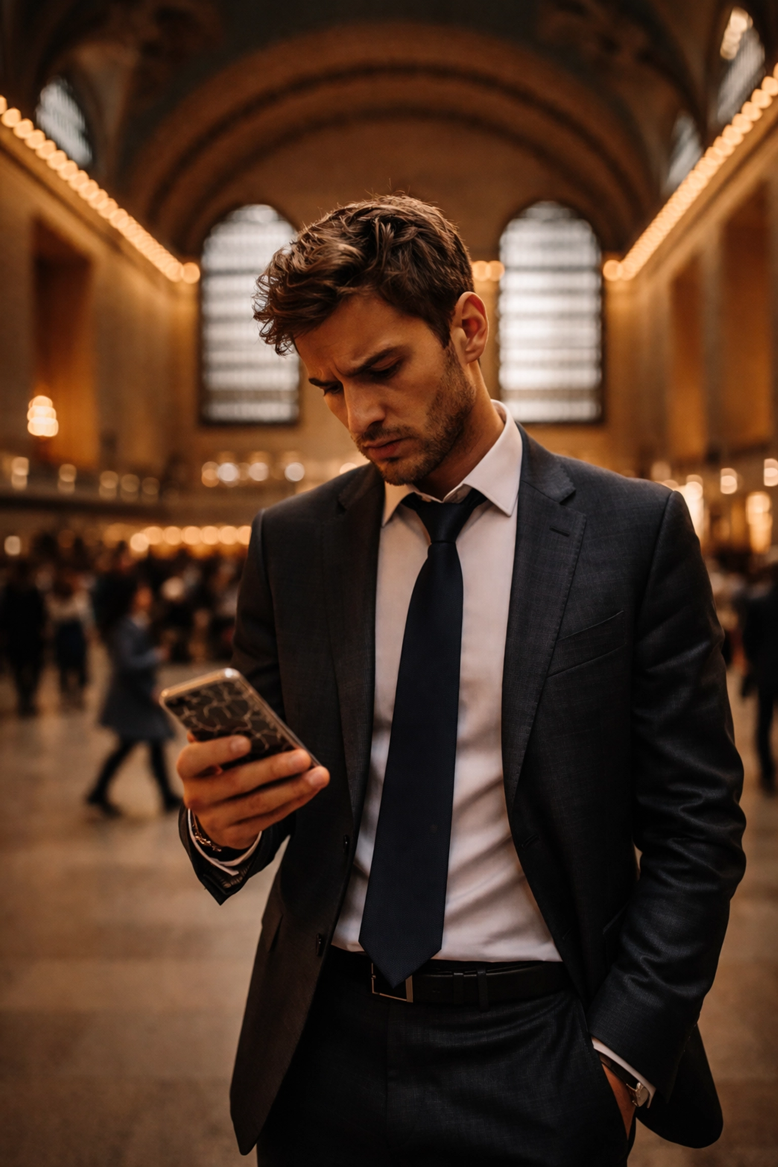 Professional in business suit checking cracked iPhone screen in Grand Central Terminal, highlighting need for fast mobile repair in NYC.