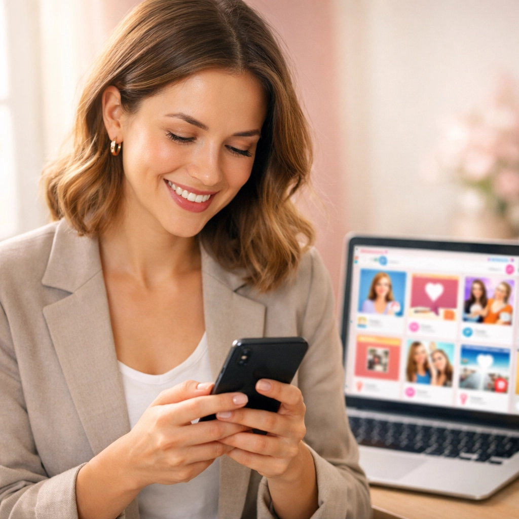 Professional checking social media profiles on smartphone to verify business credibility