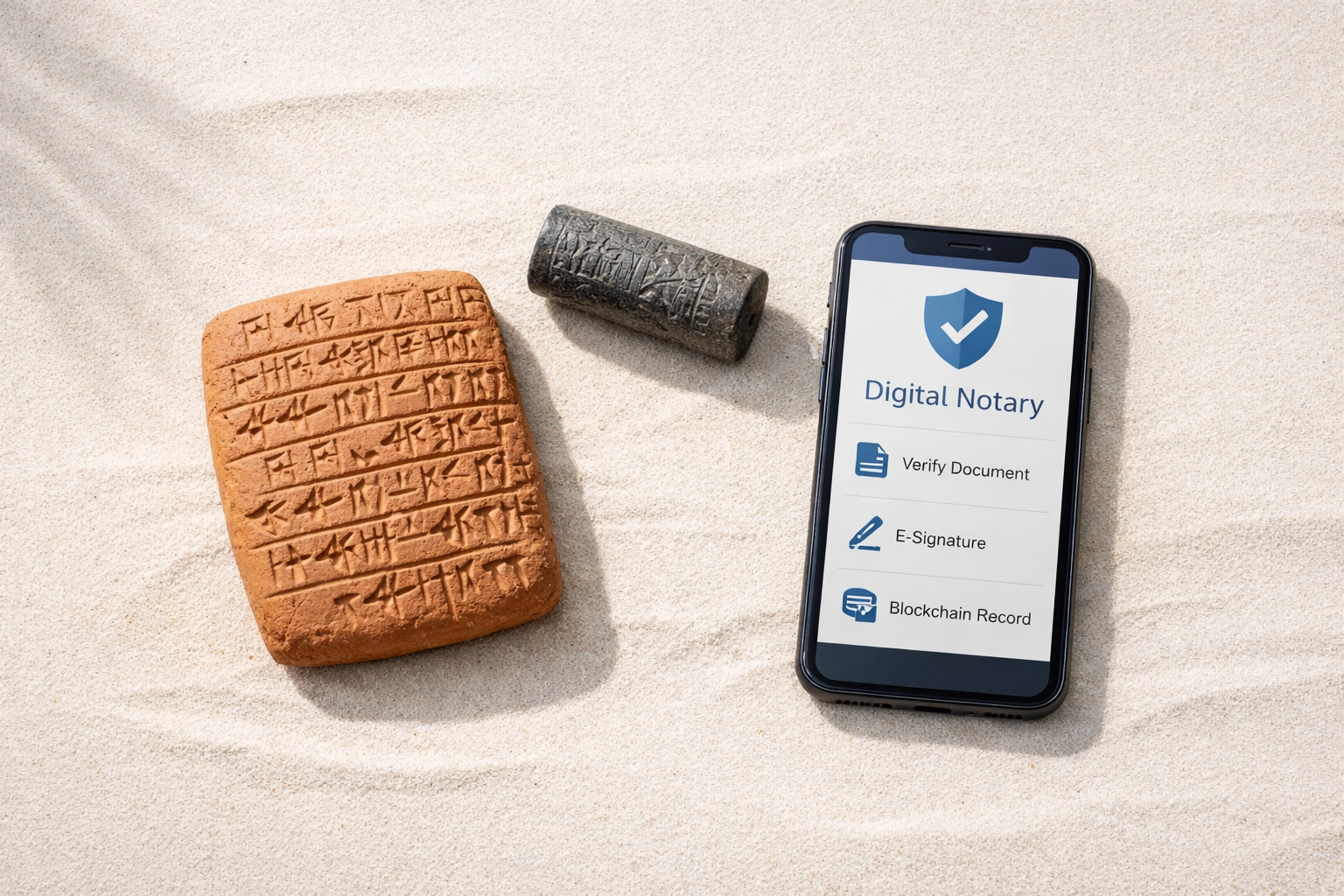 Ancient Mesopotamian clay tablet with cuneiform writing next to modern smartphone showing notary evolution