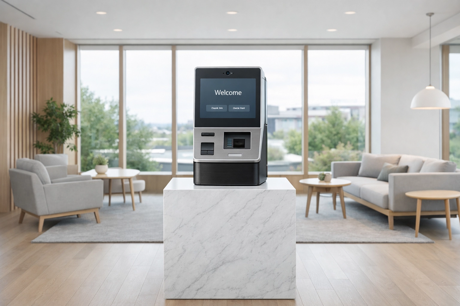 Sleek self-check-in kiosk illustrating modern cloud-native hospitality technology.