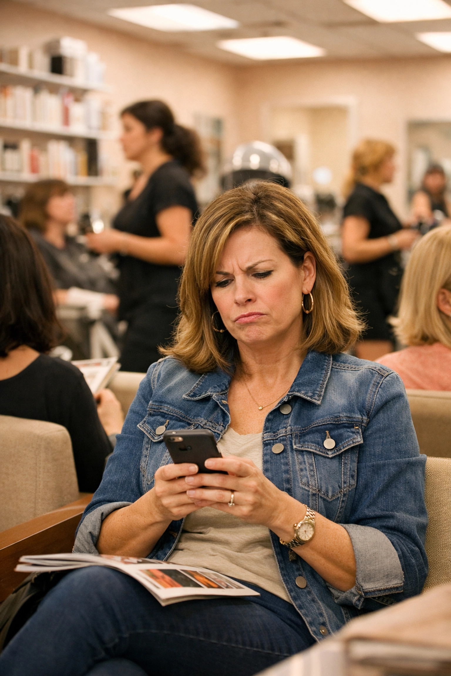 Woman waiting impatiently in a crowded large salon, highlighting the impersonal experience at franchise beauty salons