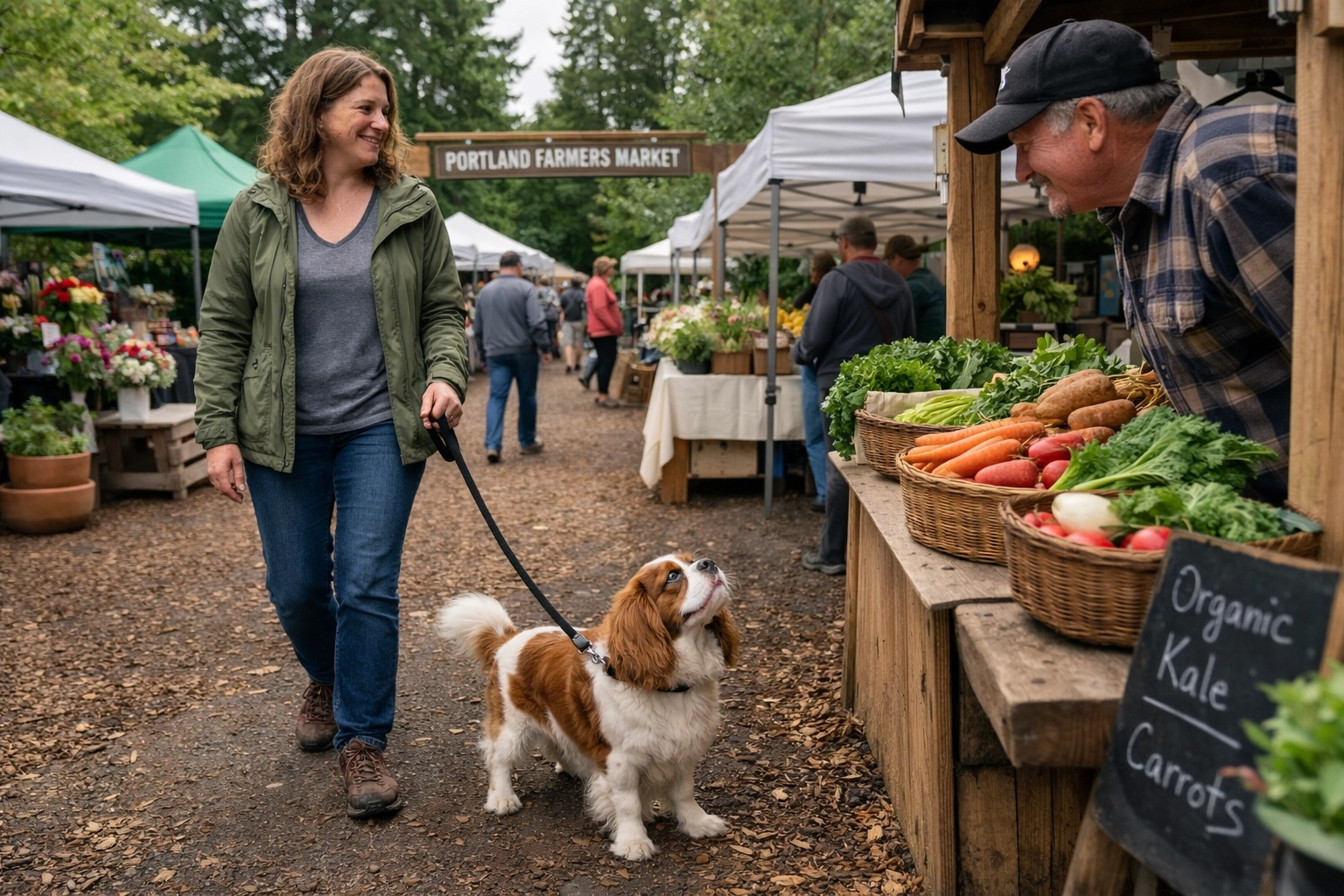 Therapy-quality Cavalier King Charles Spaniel walking calmly on a leash through a busy Portland market.