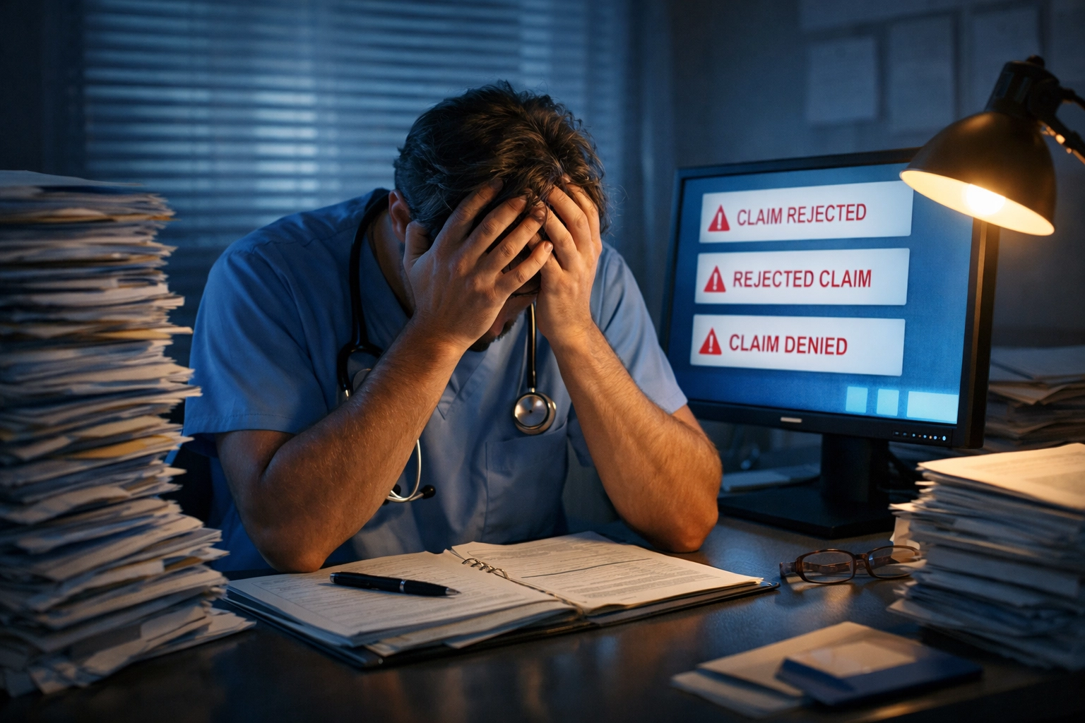 Frustrated clinician at desk with rejected Medicare claims and paper charts at night