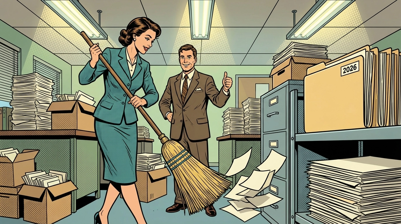 Federal contracting professionals streamlining paperwork in an office, symbolizing regulatory reform and FAR overhaul in 2026