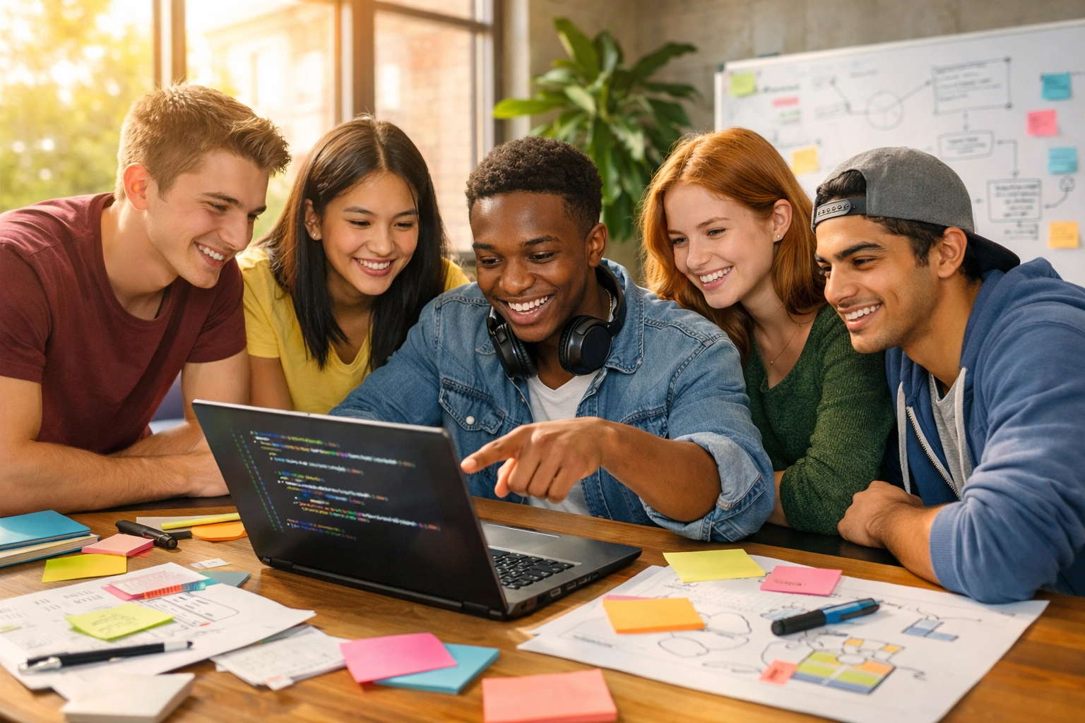 Students collaborating on coding projects in modern tech workspace building STEM skills