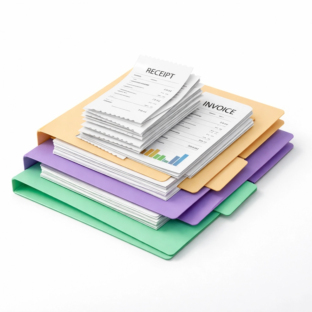 Organized receipts and invoices in folders for UK small business tax deductions