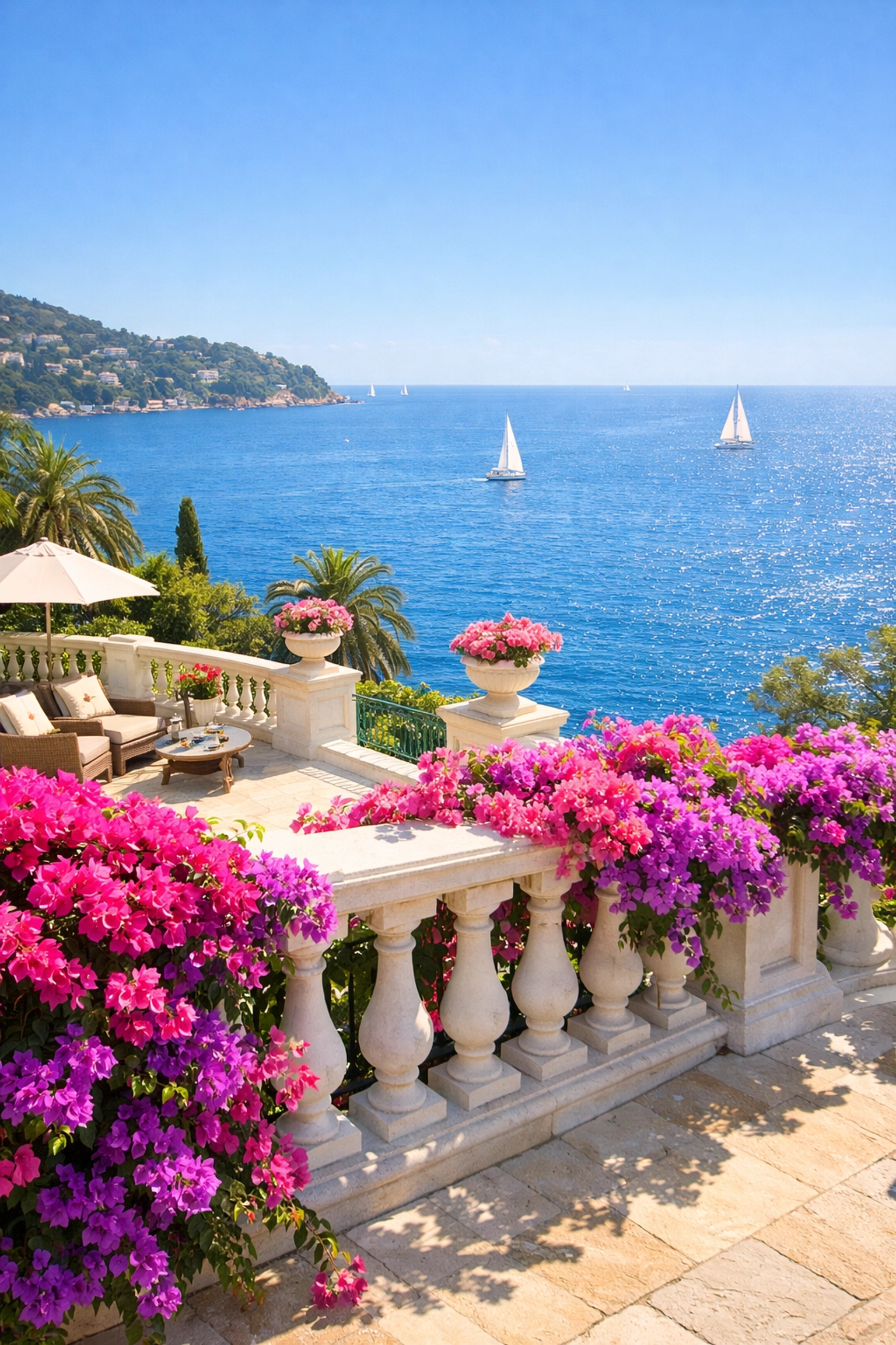 Elegant garden terrace with bougainvillea overlooking the Mediterranean Sea in Saint-Jean-Cap-Ferrat.