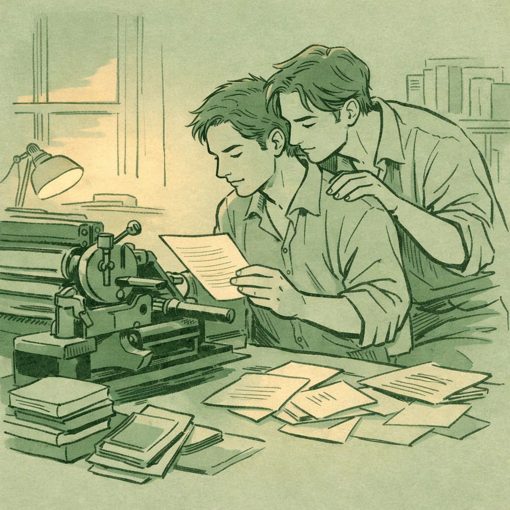 Two men collaborate at vintage printing press with manuscripts, representing queer publishing history