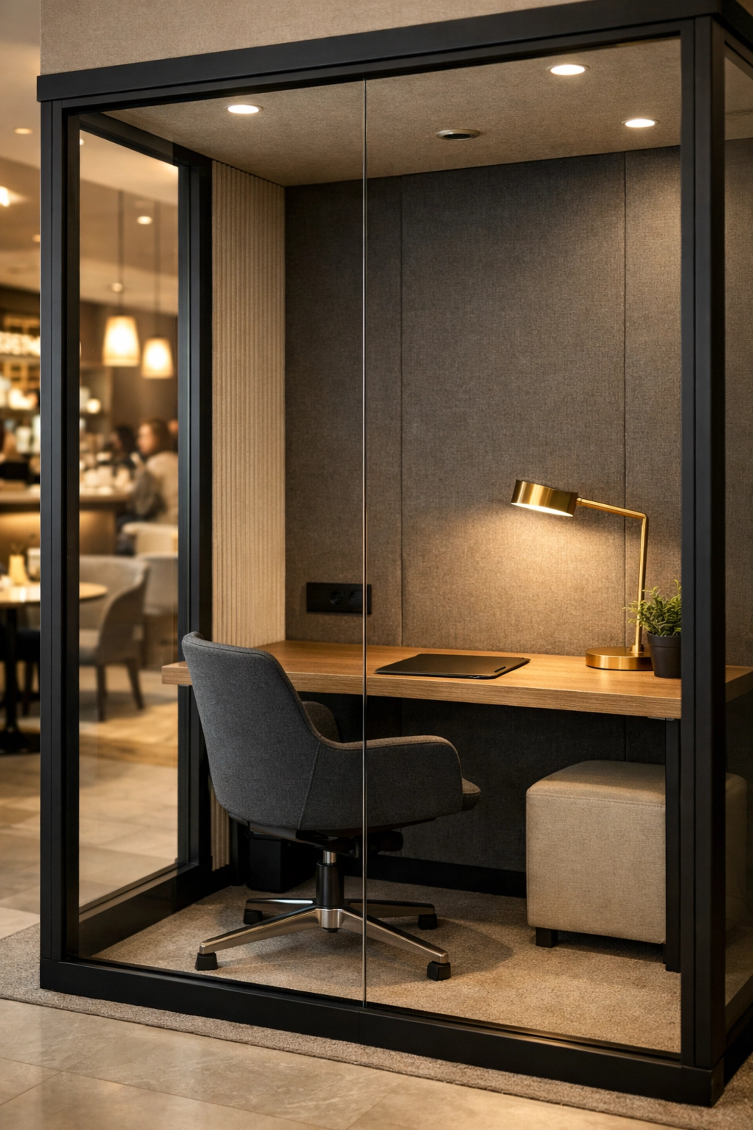 Sleek glass micro-office in a boutique hotel lobby for private guest workspace.