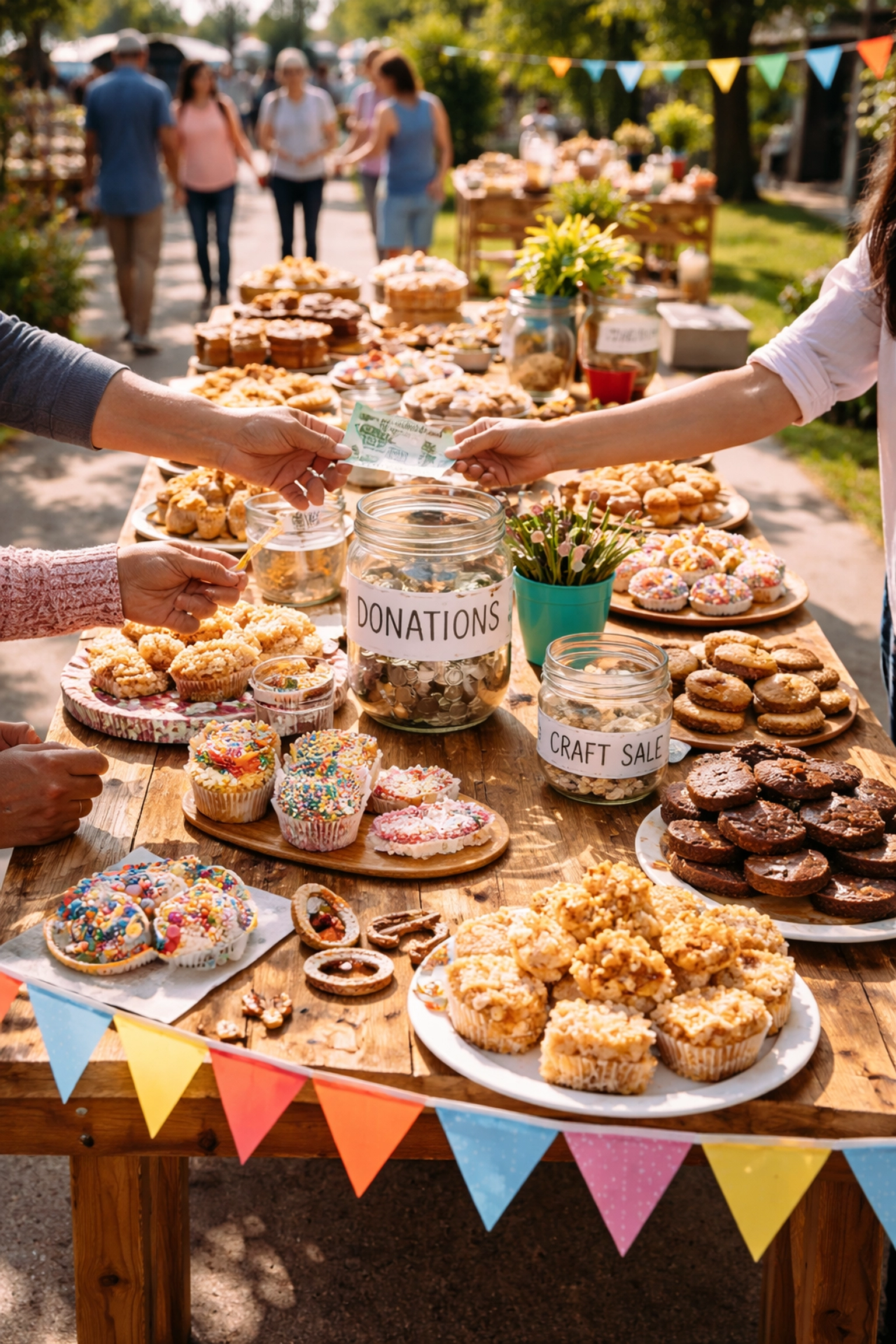 Community members gathered at a neighborhood fundraiser exchanging donations and baked goods