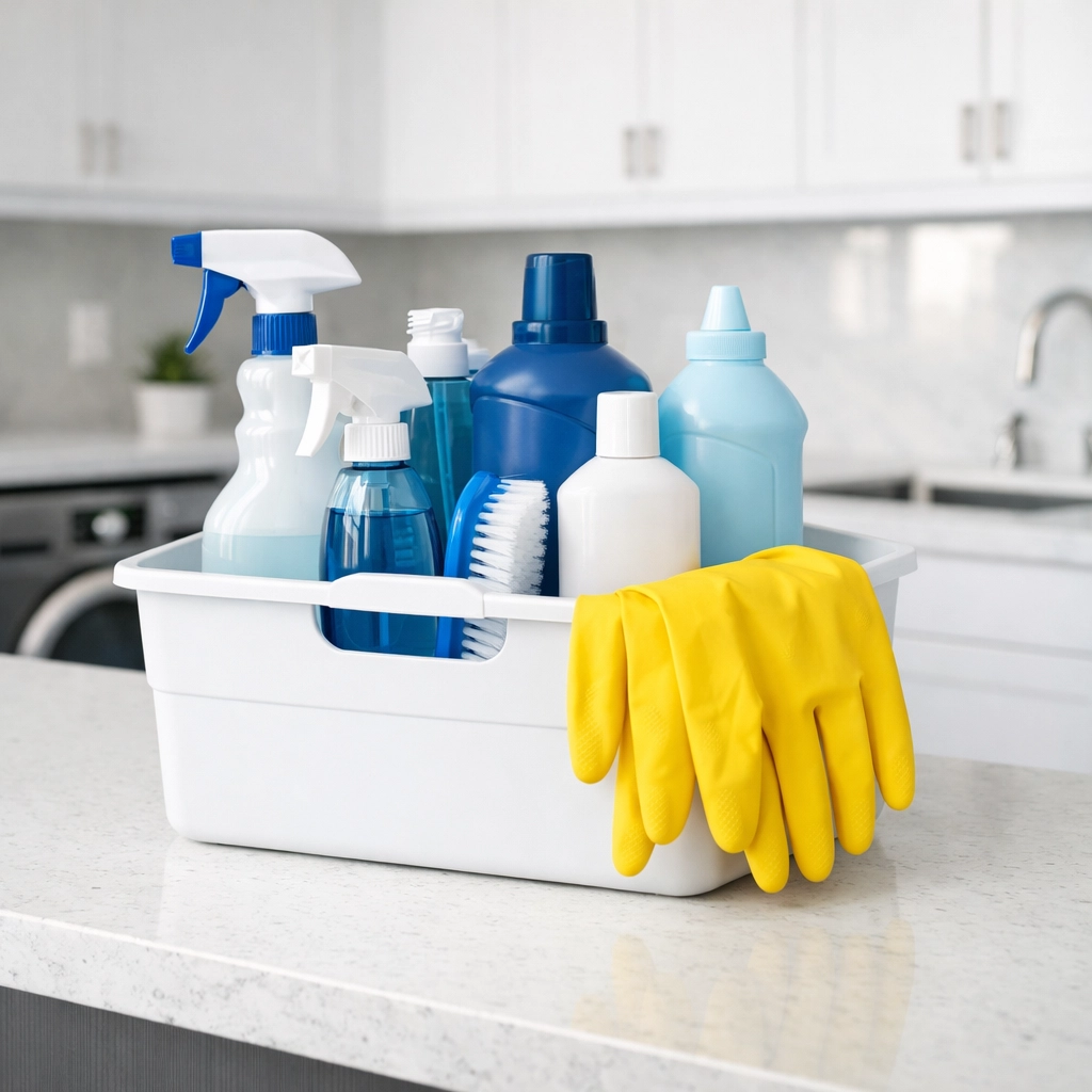 Professional cleaning supplies for post construction cleaning in a modern Westborough home.