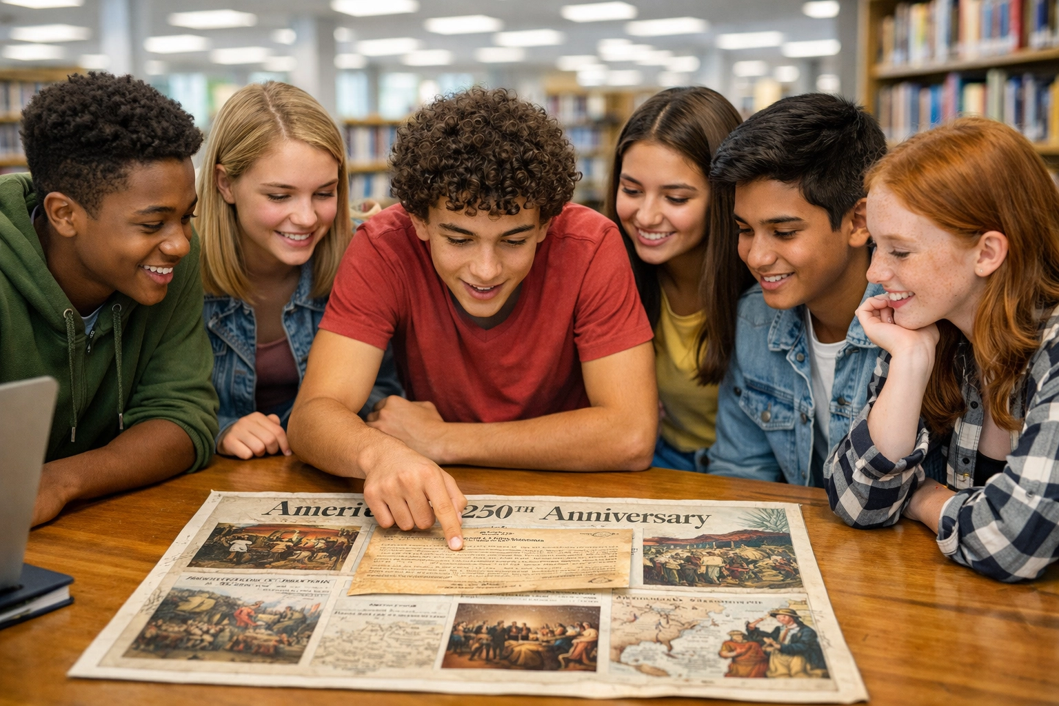 Engaged teenagers in a high school library studying civic education for America