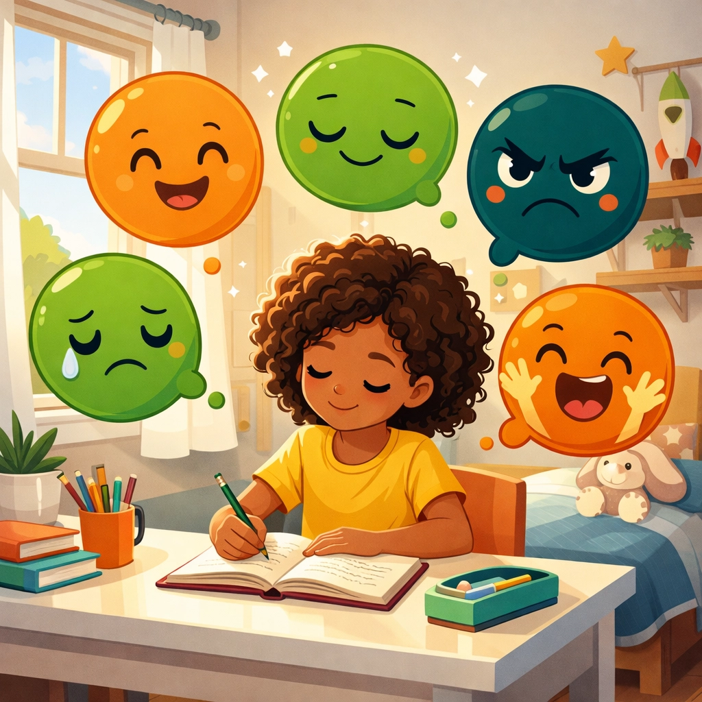 Child journaling at desk surrounded by illustrated emotion bubbles showing different feelings