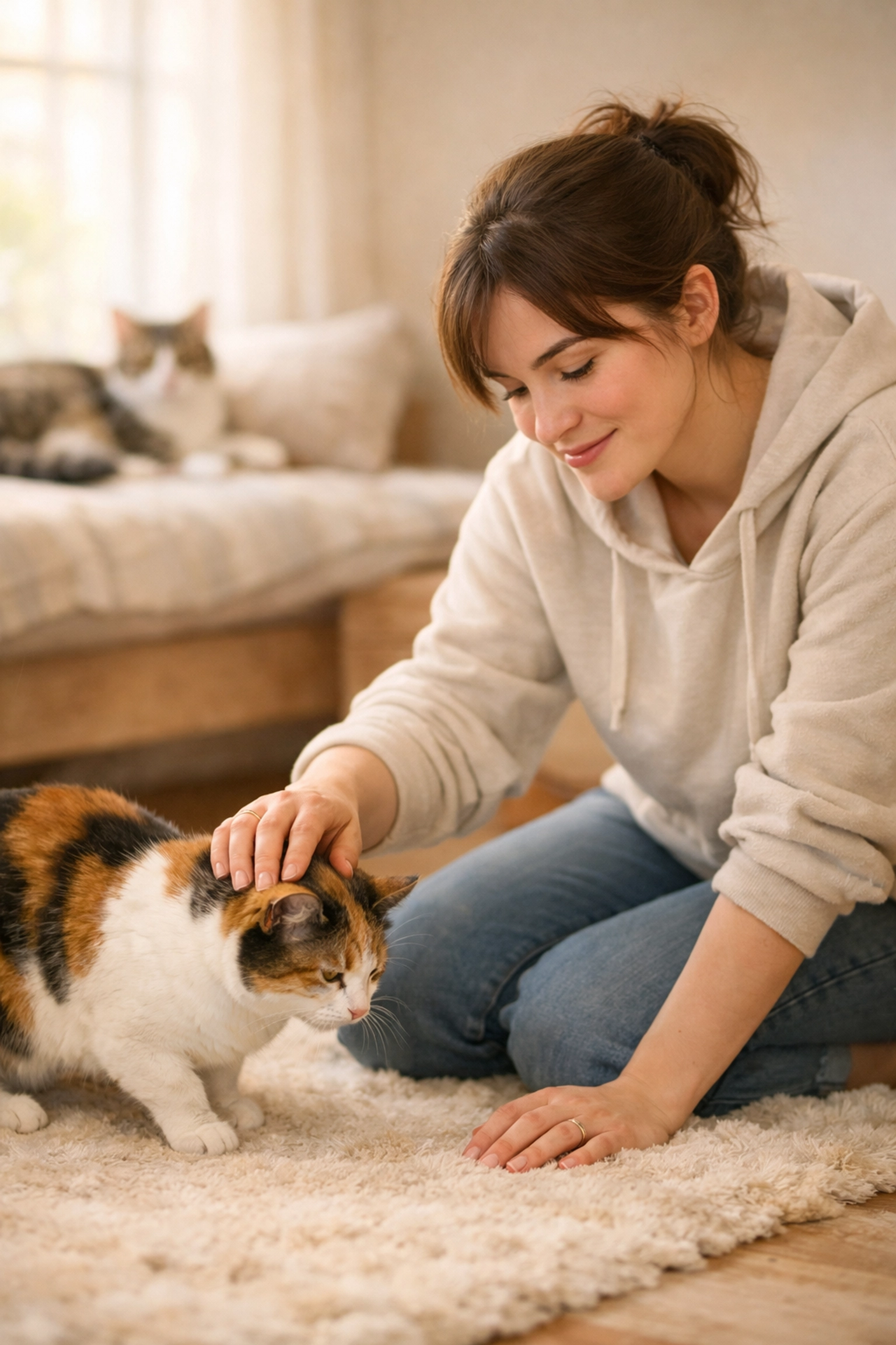Student bonding with shy calico cat during study break at Whiskerwood Haven