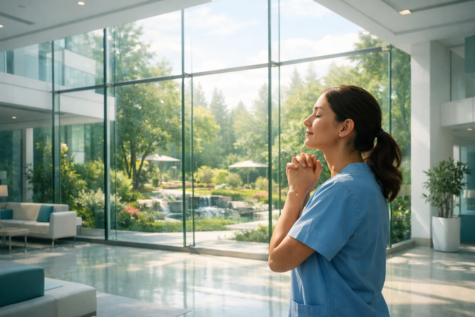 A woman praying in a bright hospital atrium, finding refuge and peace with Boundless Online Church.
