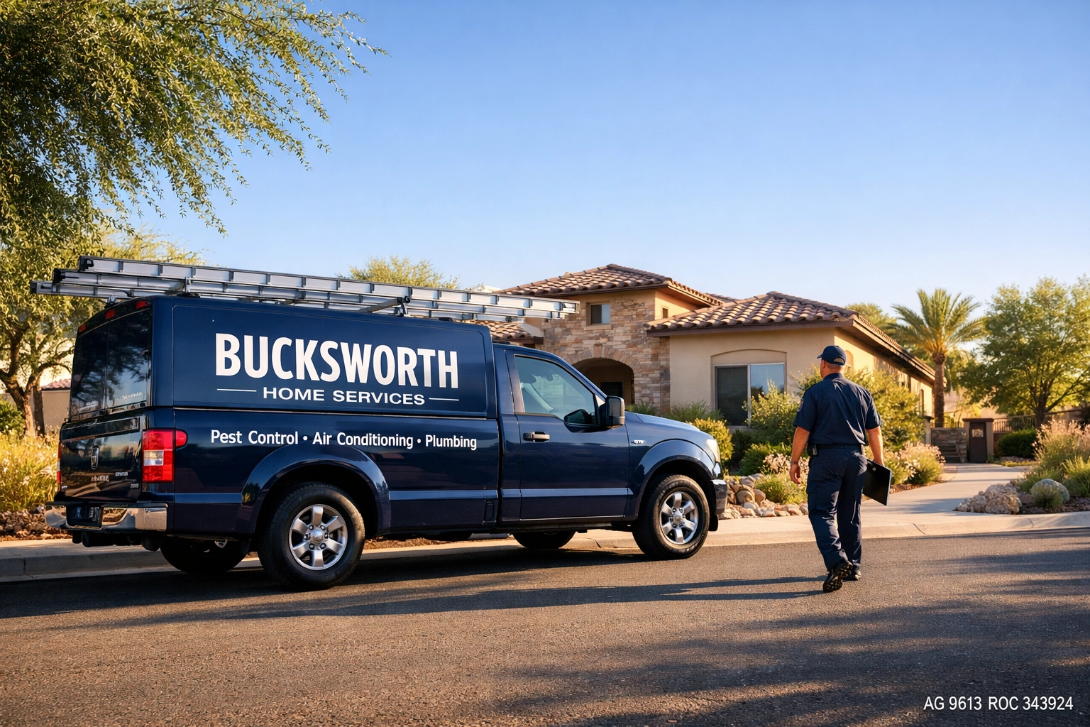 Bucksworth Home Services truck providing expert pest control in Gilbert neighborhoods like Agritopia and Power Ranch.