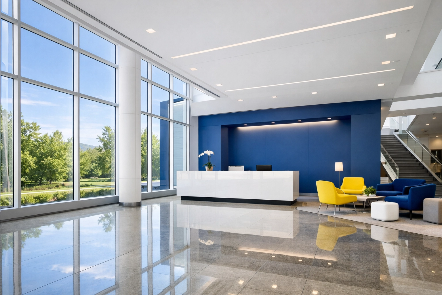Spotless corporate lobby with polished stone floors in an Amherst, MA office building.