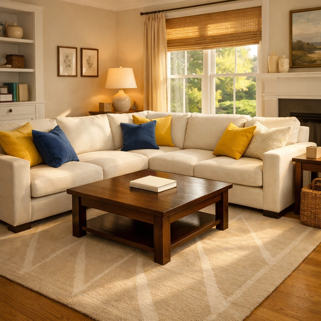 Clean and organized living room with vacuumed rugs after quality residential cleaning in Holliston MA.