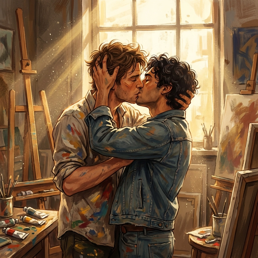 Two men in a passionate embrace, capturing the emotional surrender and first kiss in a steamy MM romance story.