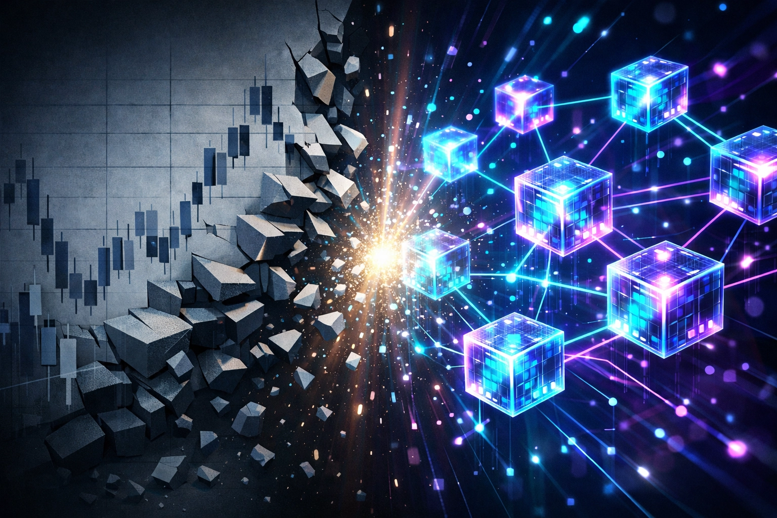 Traditional stock market charts transforming into blockchain networks showing hedge fund digital integration
