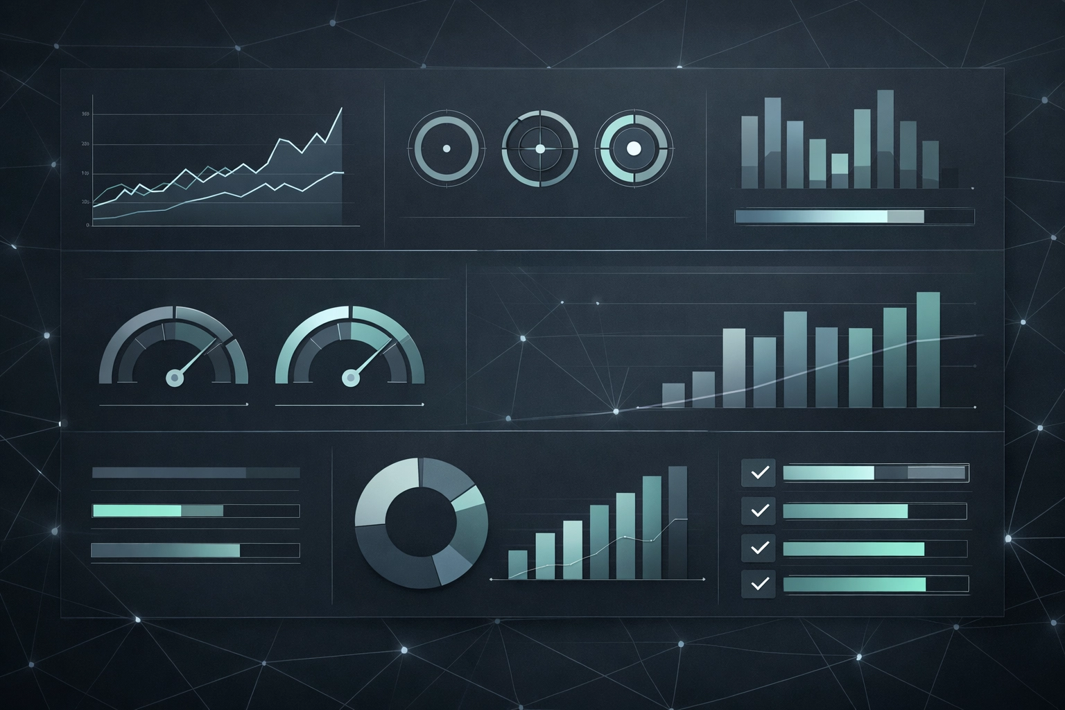 High-tech minimalist oversight visual: KPI tracking, targets, and governance measurement with a subtle spider-web network motif.