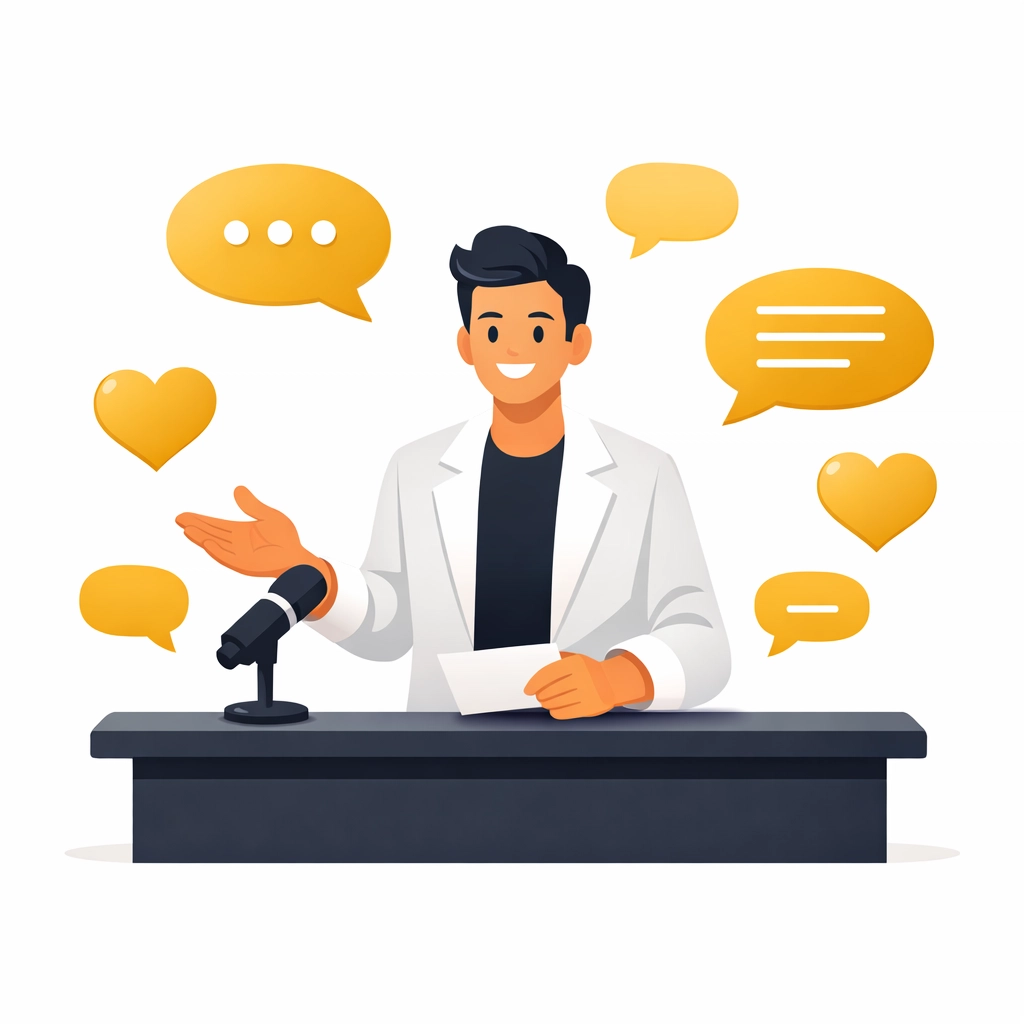 Live stream host using interactive presentation software to engage with an online audience.