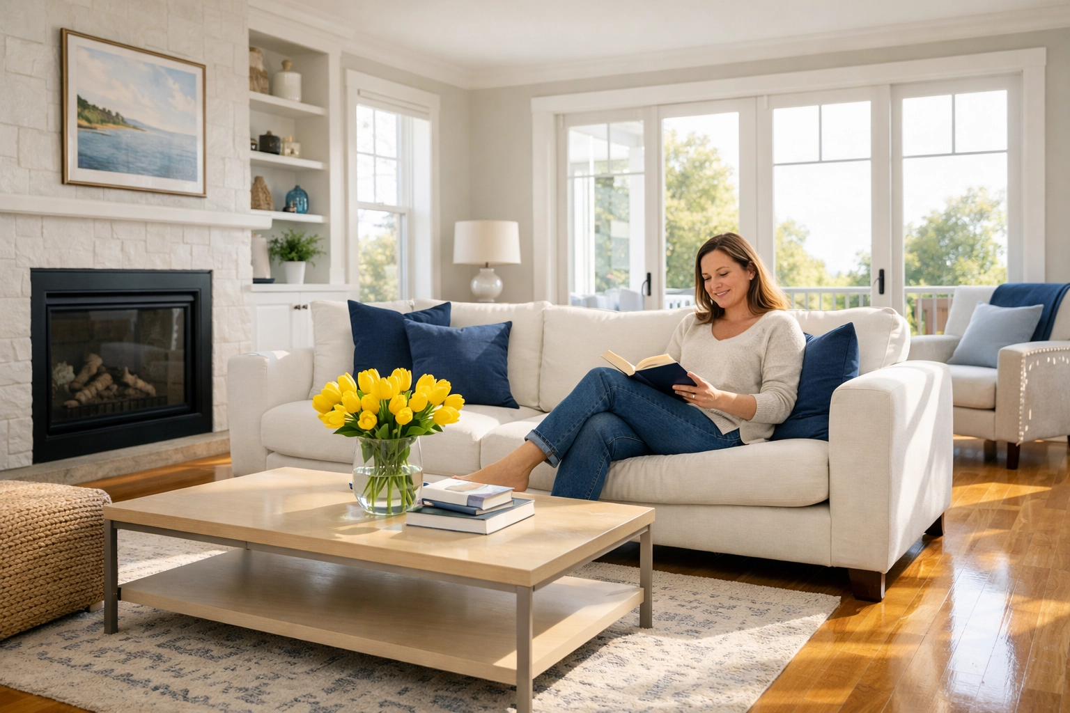 Relaxed homeowner in a pristine living room after a professional deep cleaning in Fitchburg.