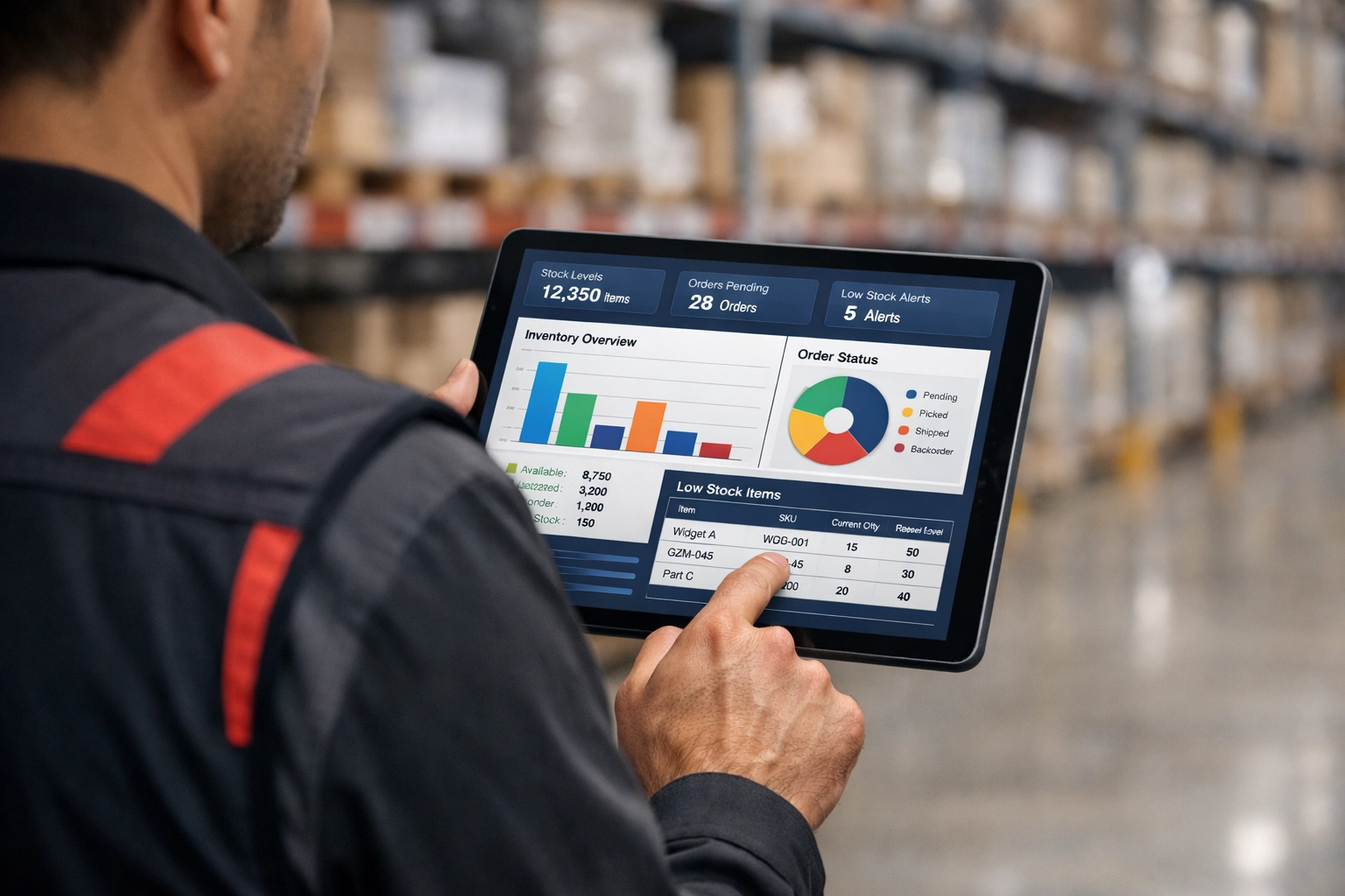 Warehouse worker using tablet for inventory management and order tracking