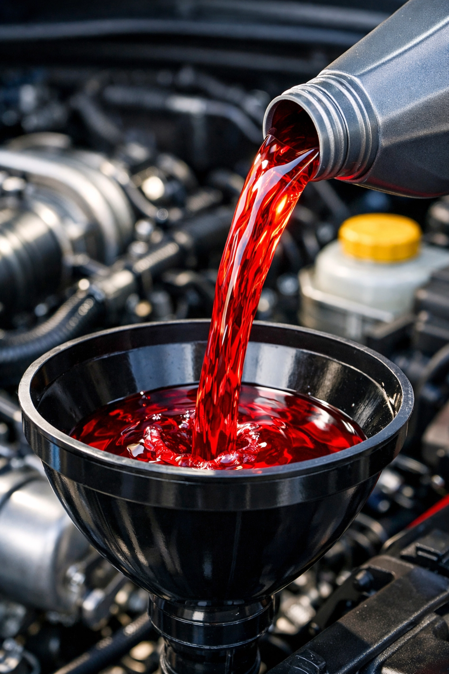 Pouring fresh red diesel transmission fluid during a routine service to maintain optimal truck performance.