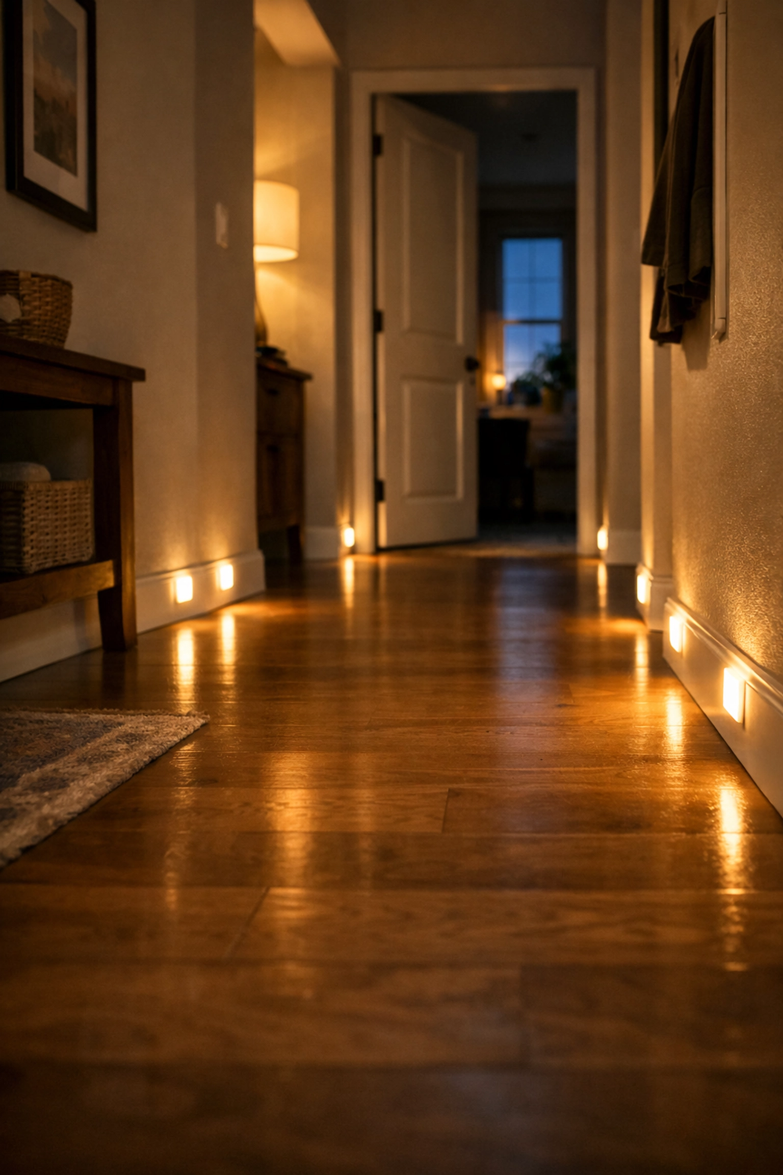 Motion-activated nightlights in a home hallway provide safe lighting for elderly fall prevention.