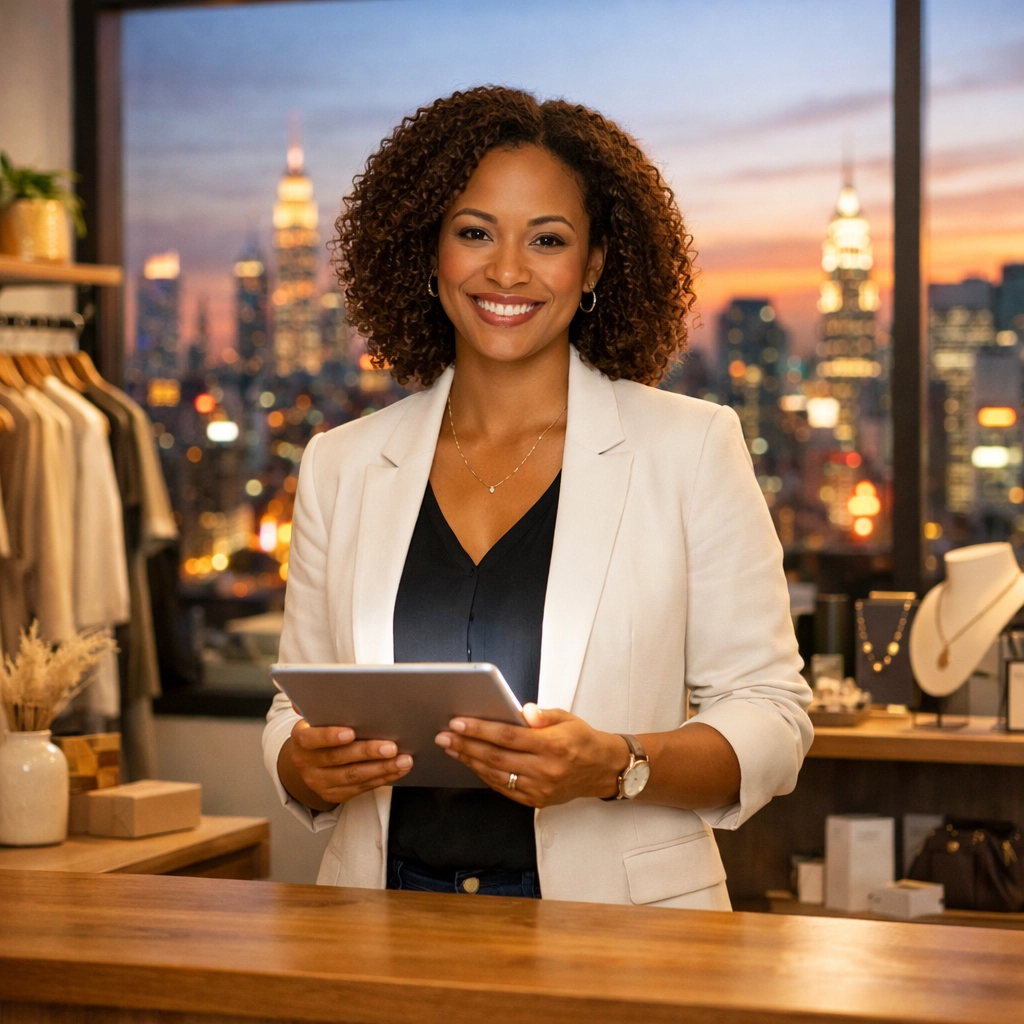 Merchant using a tablet to process Web3 global payments in a modern retail boutique setting.