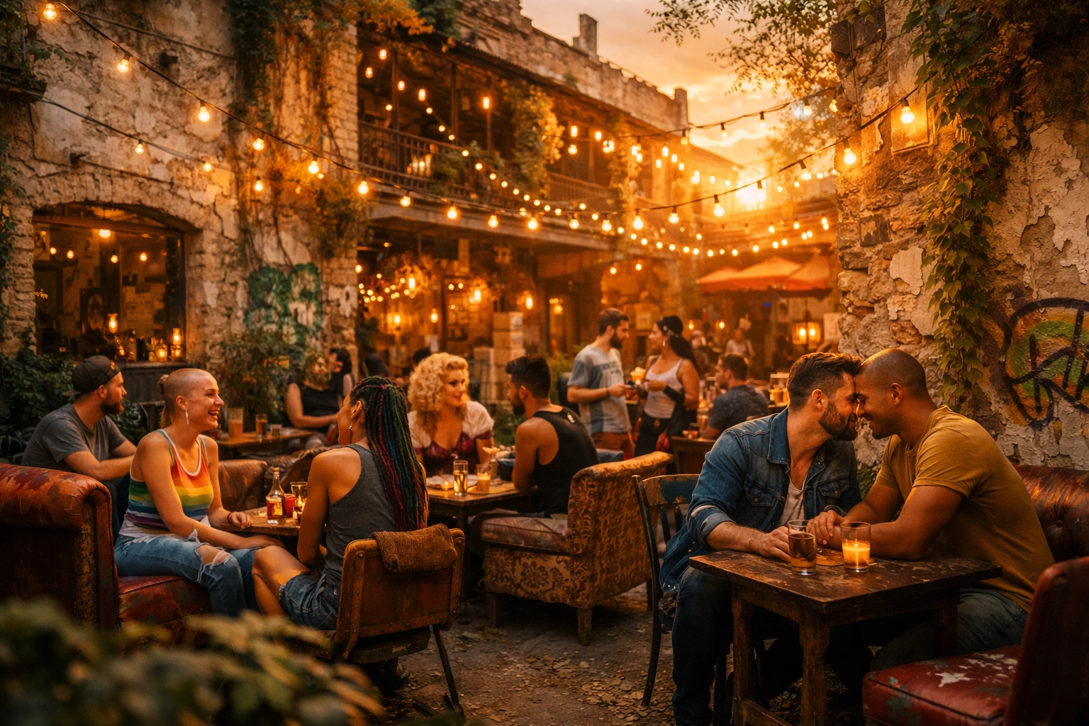 LGBTQ+ travelers relaxing in Budapest ruin bar courtyard at sunset with graffiti walls