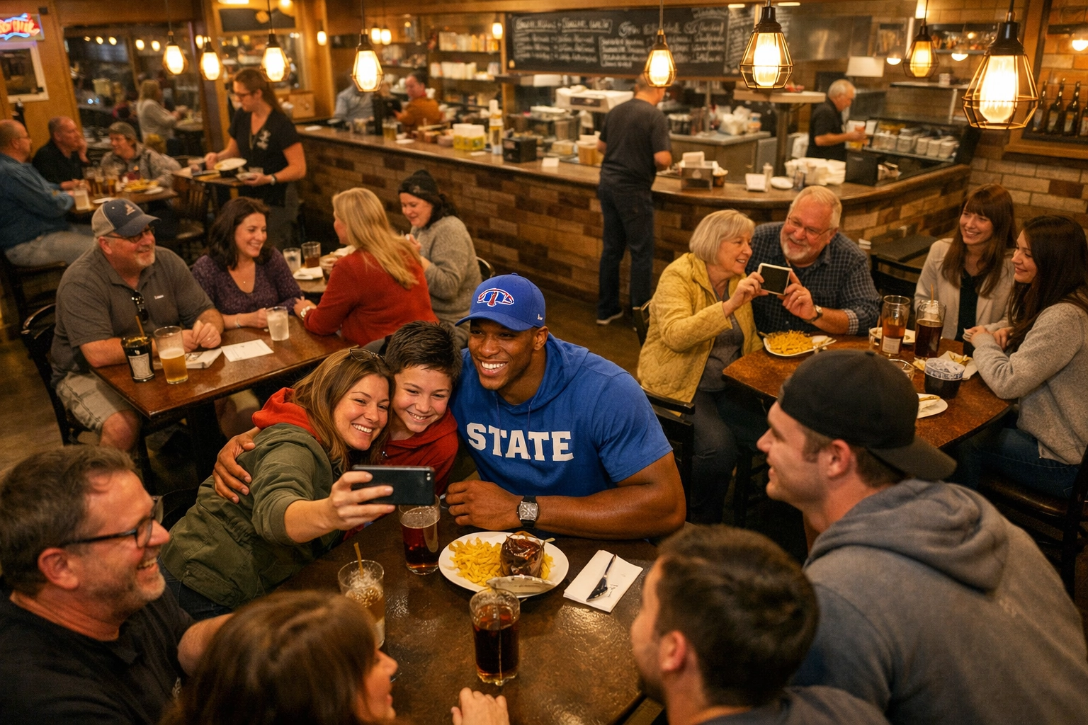 College athlete engaging with fans at local restaurant showing NIL brand partnership in action
